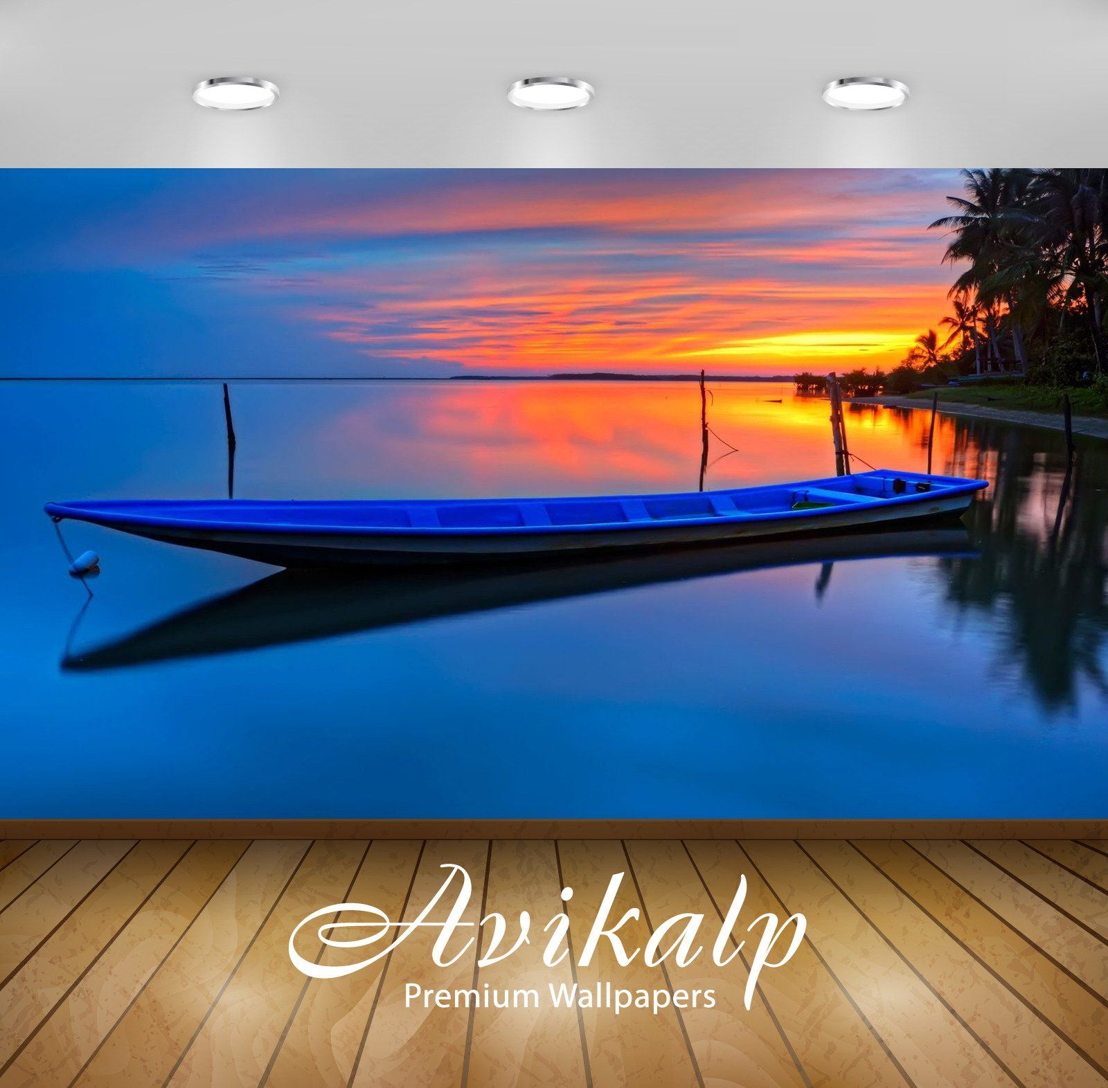 Avikalp Exclusive Awi3164 Tropical Sunset Boat Palms Trees Orange Sky Reflection In Water Full HD Wa DWal. Orange sky, 3D wallpaper for walls, Water reflections