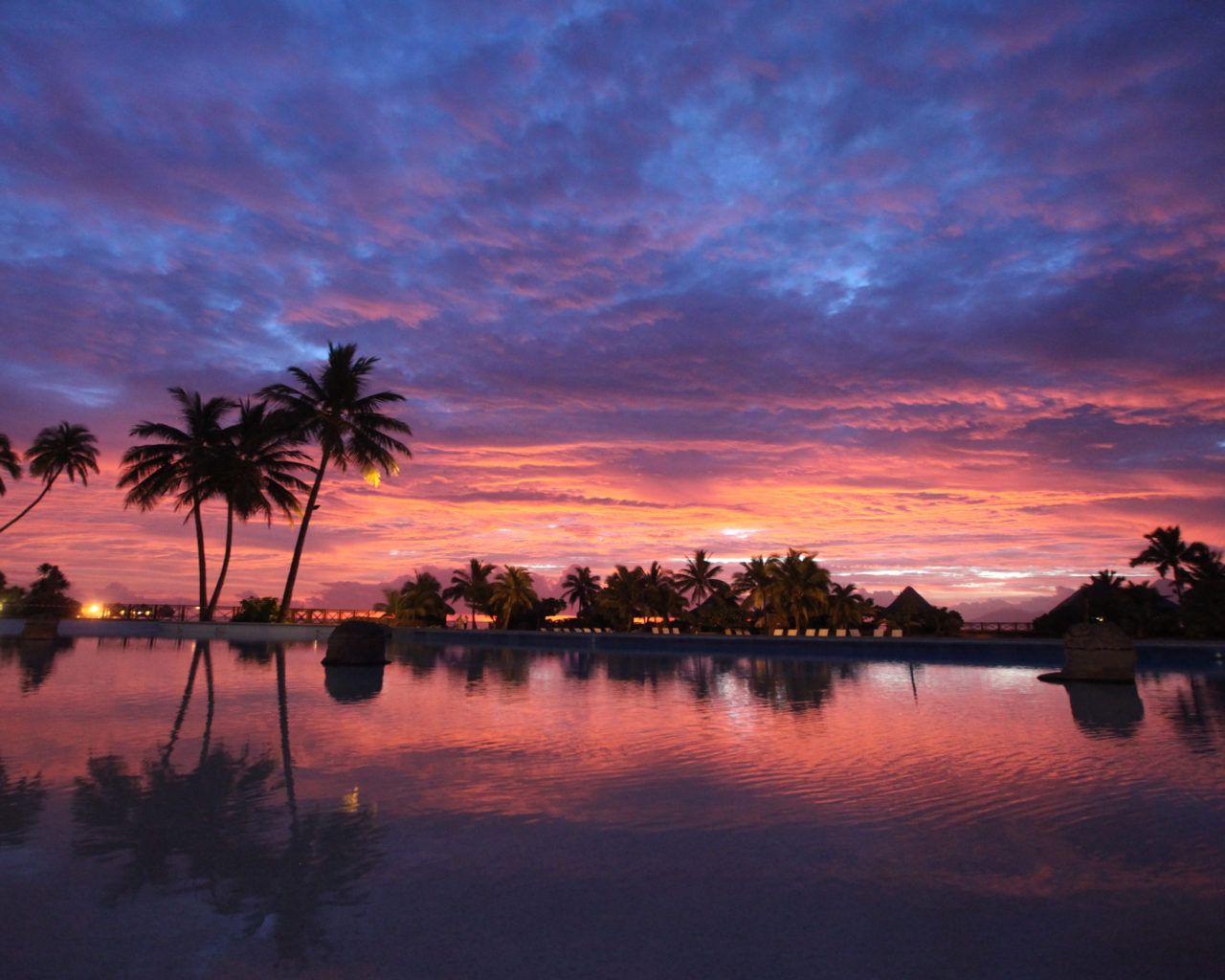 Bora Bora Beach French Polynesia Sunset Red Sky Sky Clouds Palm Trees Bungalows Wooden Houses Of Pillars Reflection Desktop HD Wallpaper 5425x3391, Wallpaper13.com
