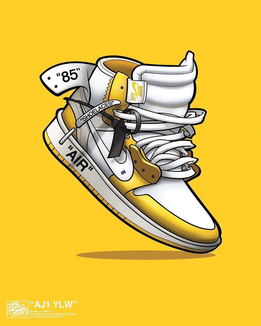 BWE on Instagram: “BWE Illustrated Off White X Air Jordan 1 (yellow) poster. Available exclusively. Sneaker posters, Jordan shoes wallpaper, Sneakers illustration