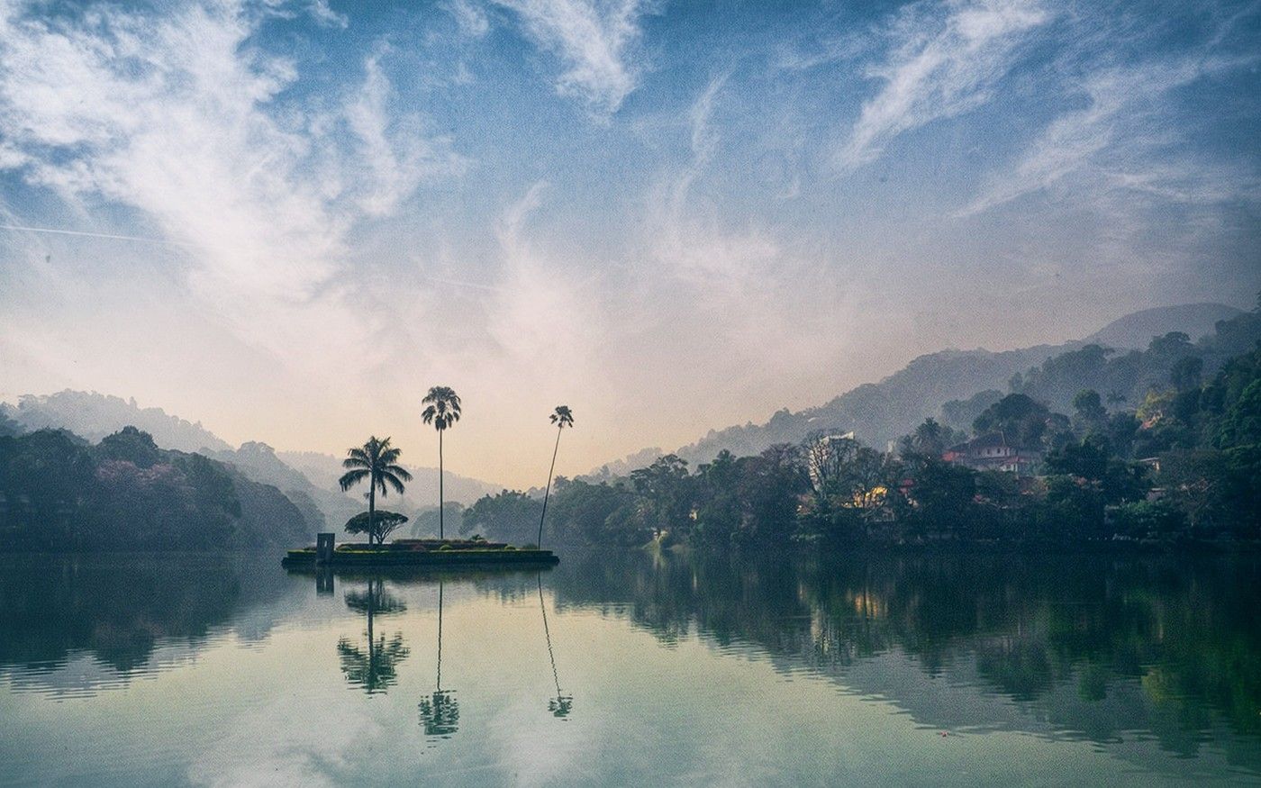 #sunset, #nature, #forest, #reflection, #water, #clouds, #island, #Sri Lanka, #lake, #village, #sky, #hills, #palm trees, #mist, #atmosphere, #landscape, wallpaper. Mocah.org HD Desktop Wallpaper