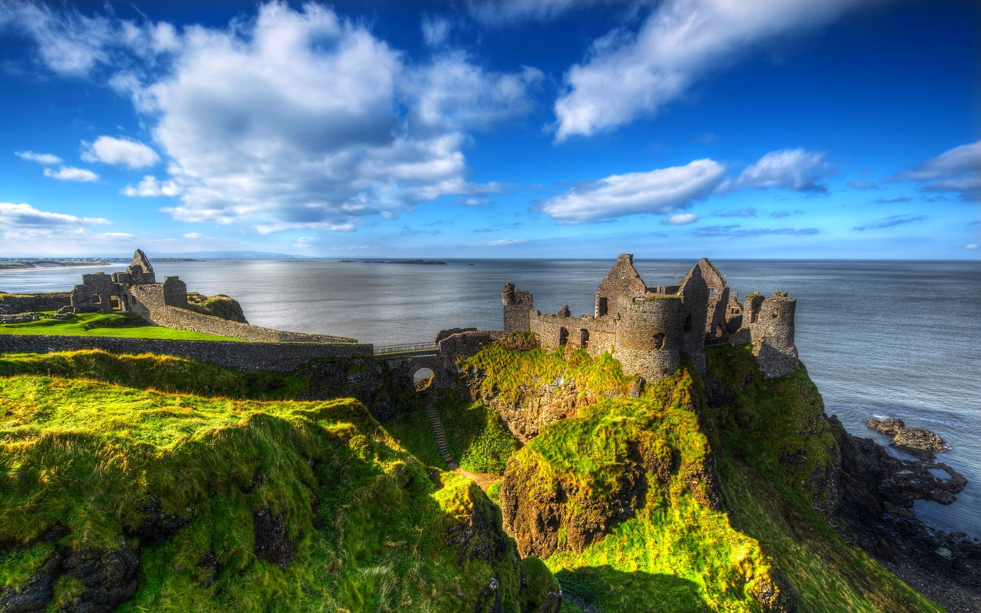 blue, grass, white, sea, green, clouds, coast, beautiful, ruined castle, medieval wallpaper