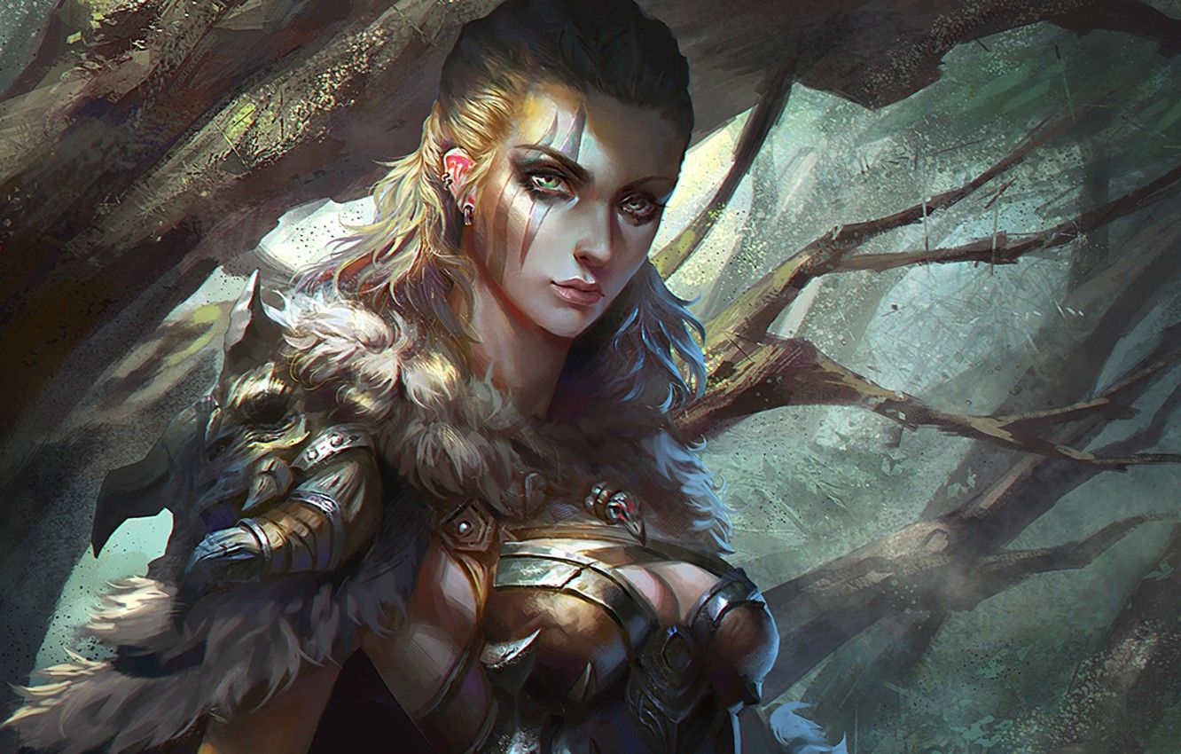 Wallpaper girl, fantasy, armor, green eyes, Warrior, art, tattoo, blonde, artwork, fur image for desktop, section фантастика