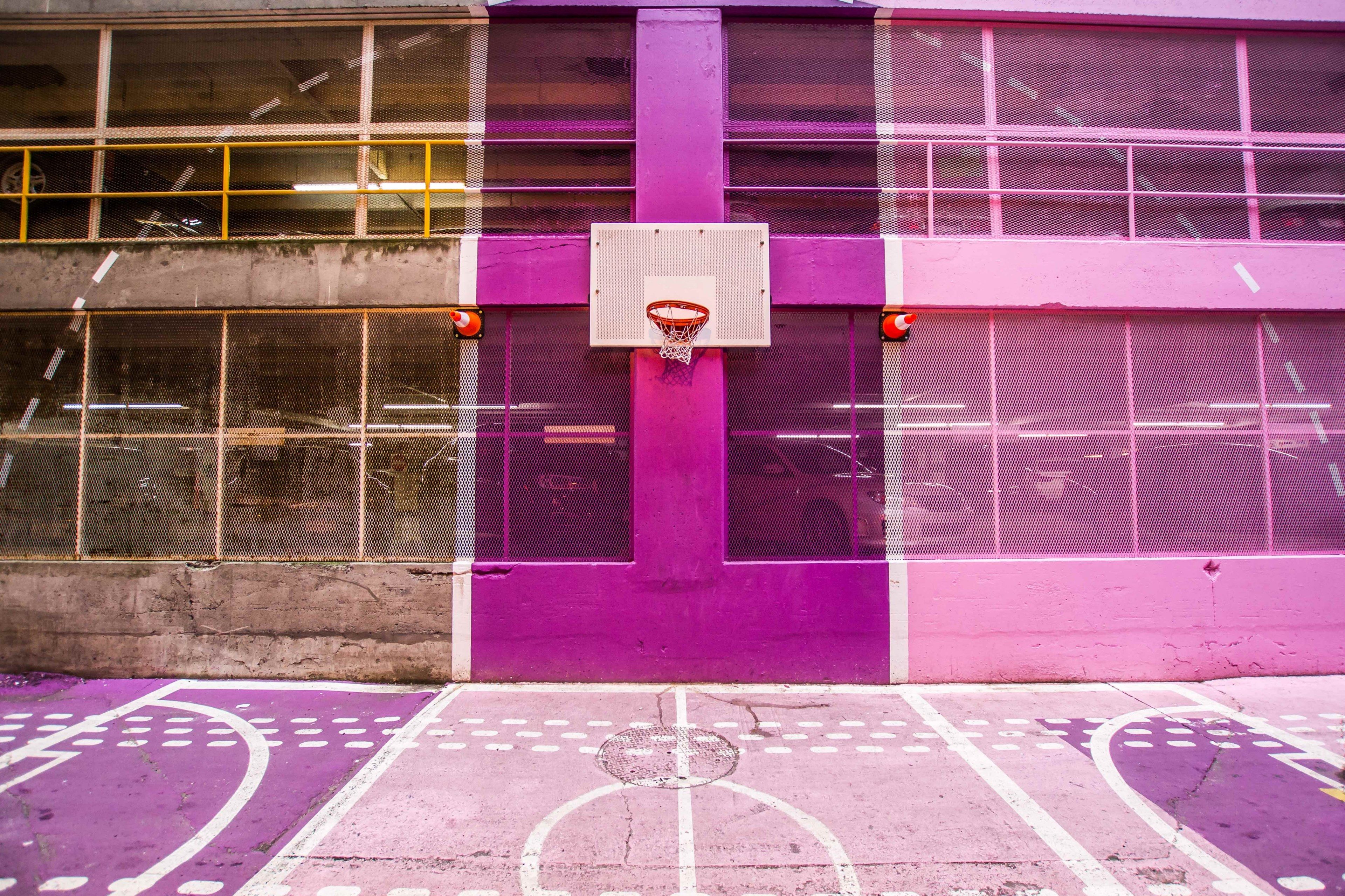 Wallpaper / a colorful pink and purple outdoor basketball court, colorful basketball 4k wallpaper