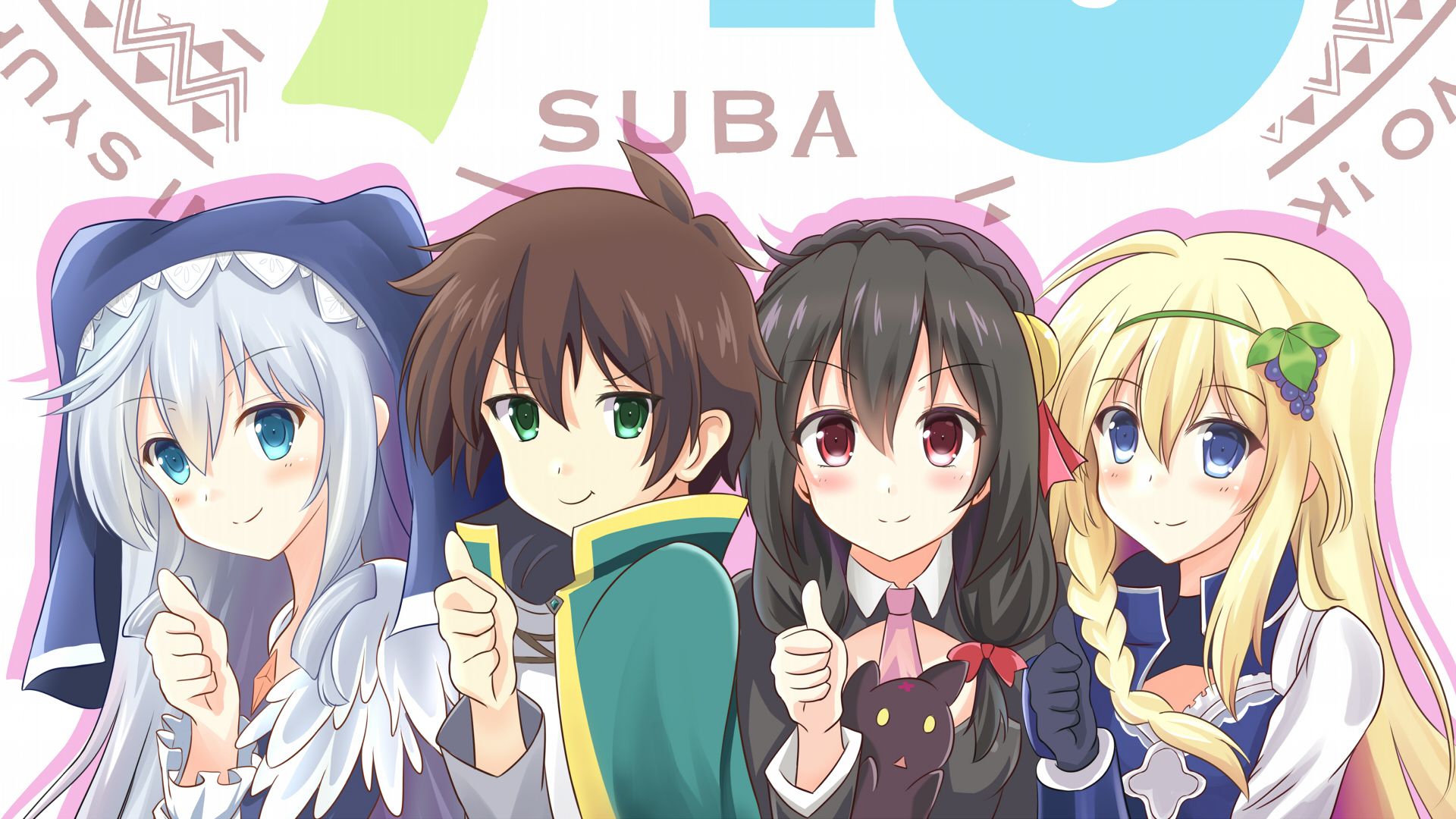 satou kazuma, yunyun, chomusuke, eris, and iris (kono subarashii sekai ni shukufuku wo!) drawn
