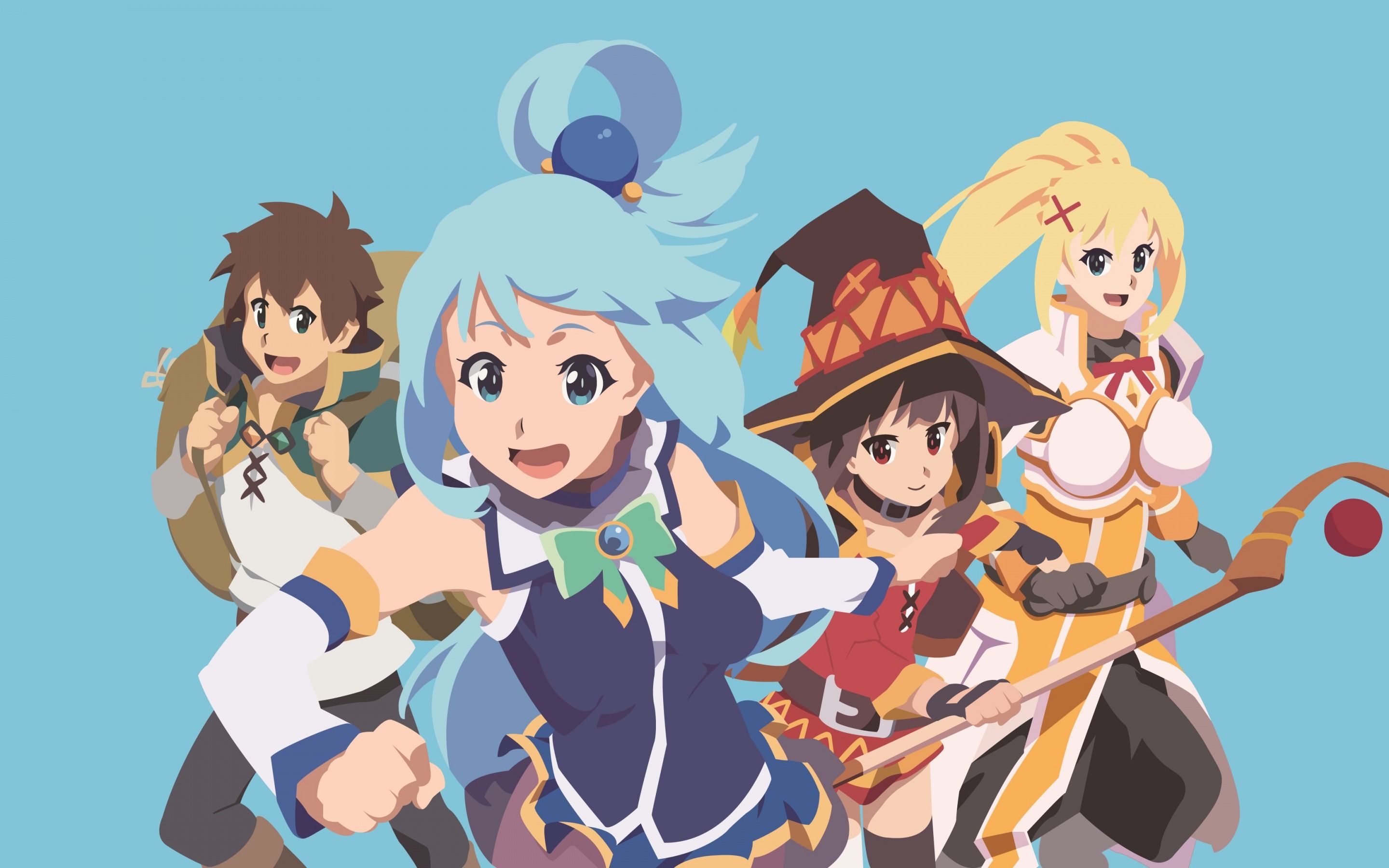 Download wallpaper KonoSuba, Kono Subarashii Sekai Ni Shukufuku Wo, art, characters, Japanese manga, Aqua, Kazuma Satou, Lalatina Dustiness Ford, Megumin for desktop with resolution 2880x1800. High Quality HD picture wallpaper