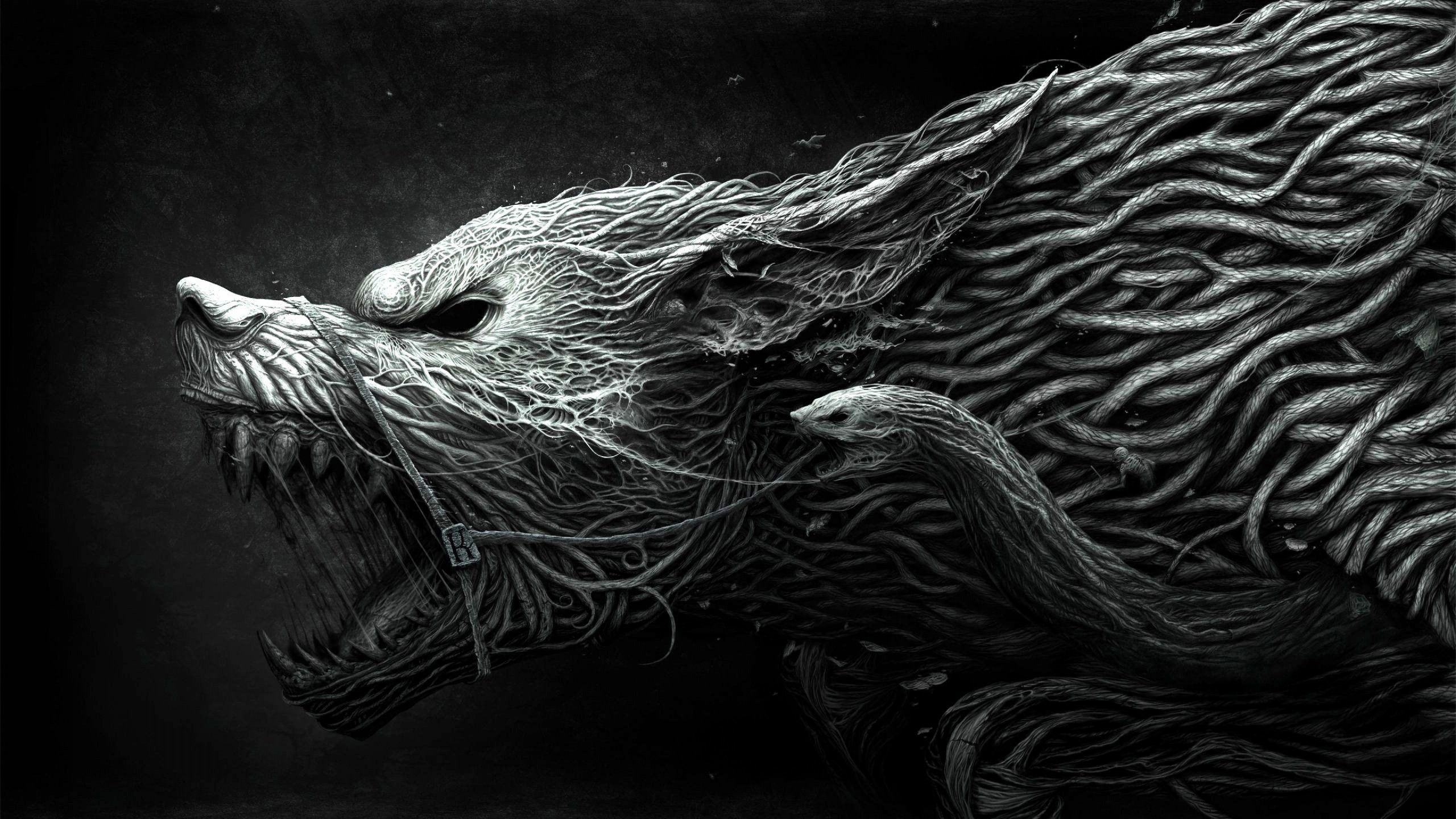 Wallpaper Wolf, Hellhound, art, black and white, dangerous, noise, darkness, Animals