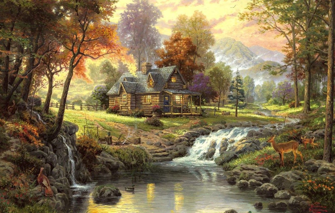 Wallpaper autumn, stream, Landscape, Thomas Kinkade, the cabin in the woods image for desktop, section пейзажи