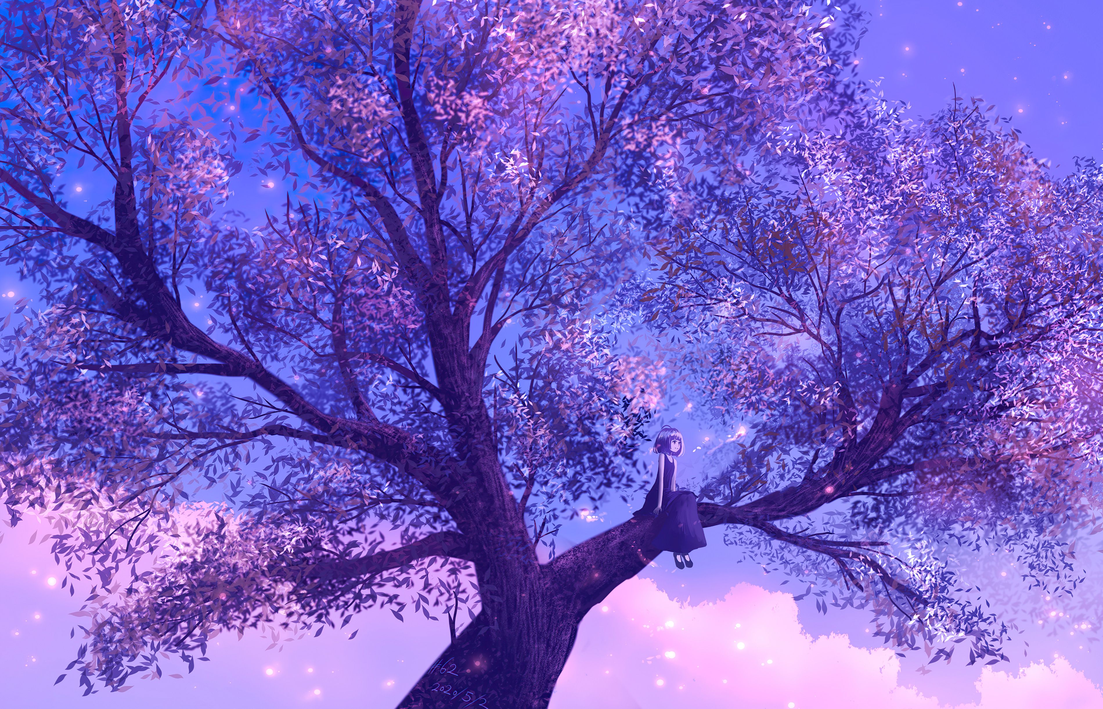 Anime Girl Sitting On Purple Big Tree 4k 1366x768 Resolution HD 4k Wallpaper, Image, Background, Photo and Picture