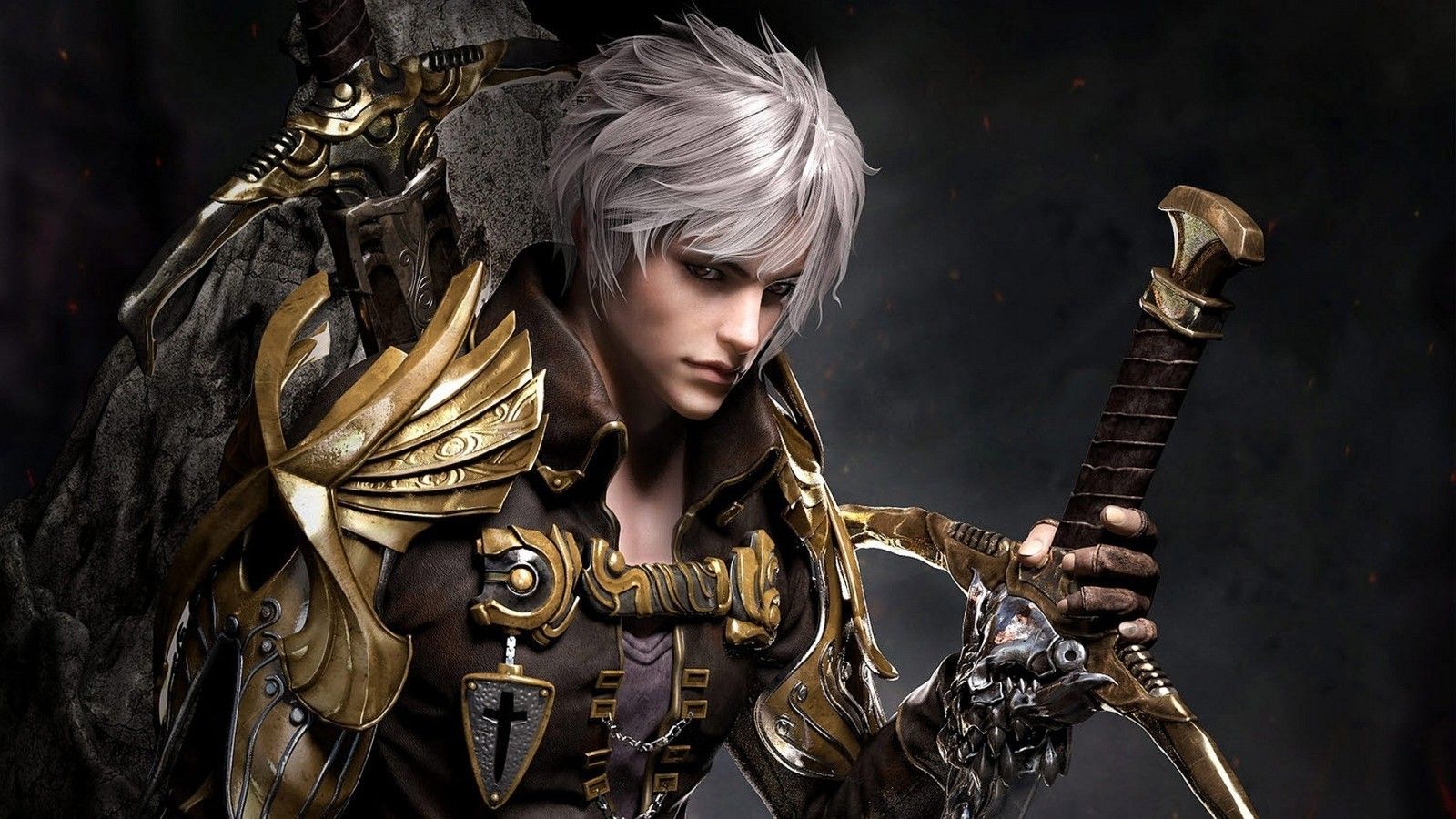 Download 1600x900 Fantasy Boy, Warrior, Sword, White Hair Wallpaper