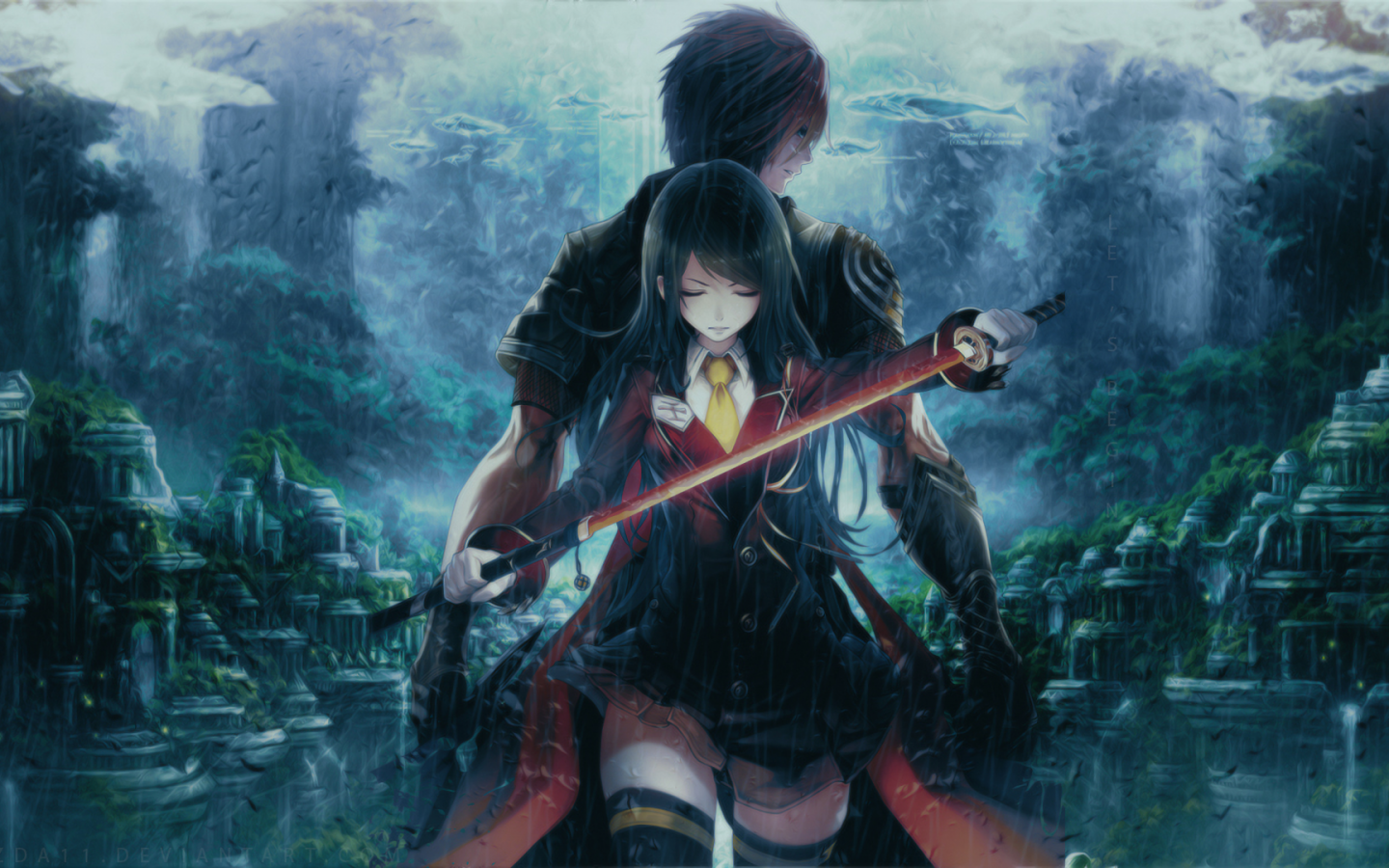 Download 1440x900 Anime Girl, Boy, Couple, Fighter, Katana, Landscape, Raining, Warriors Wallpaper for MacBook Pro 15 inch, MacBook Air 13 inch