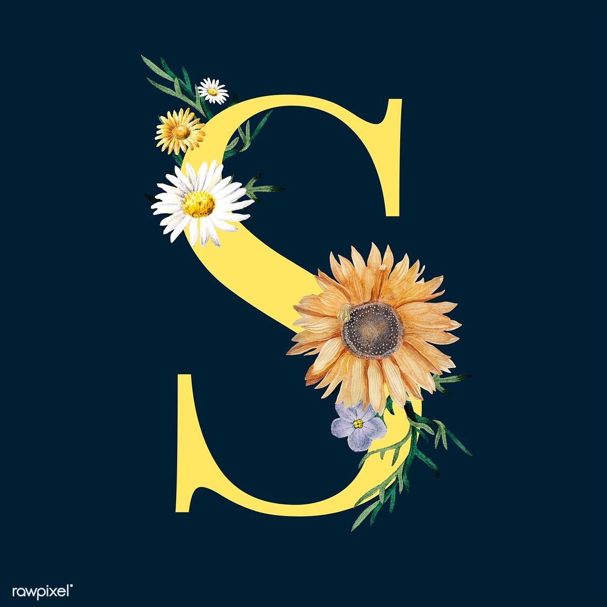 Yellow alphabet S decorated with hand drawn various flowers vector. free image / sasi. Sunflower wallpaper, Vector free, How to draw hands