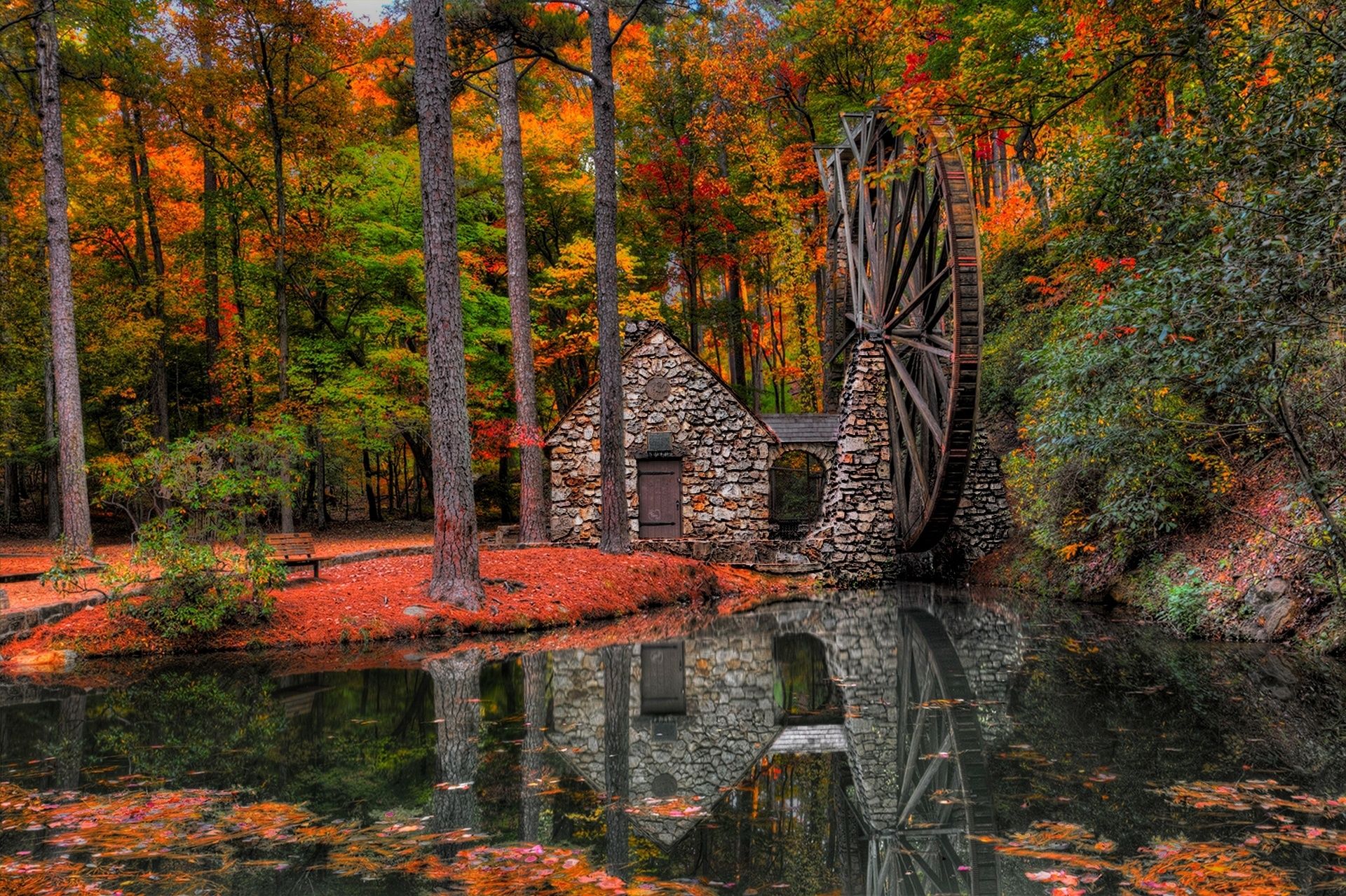 Autumn trees mill walk park alley water mill forest leaves reflection h wallpaperx1279