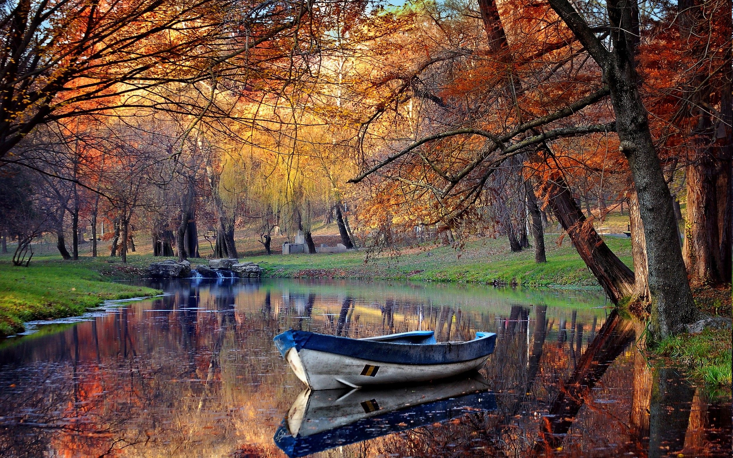 landscape, Fall, Boat, Park, Pond, Reflection, Trees, Nature, Water, Grass Wallpaper HD / Desktop and Mobile Background