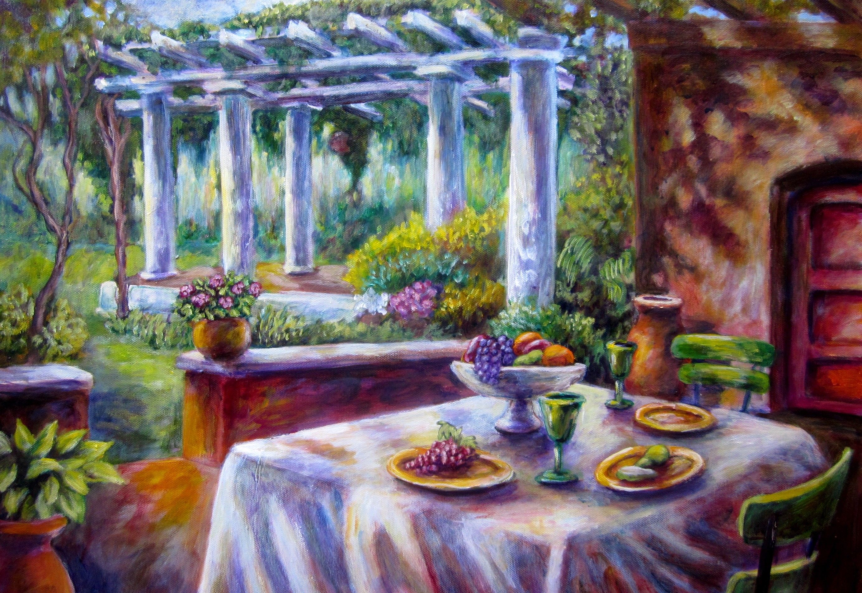 art, Garden, Park, Table, Chair, Column, Fruits, Flowers, Glasses Wallpaper HD / Desktop and Mobile Background