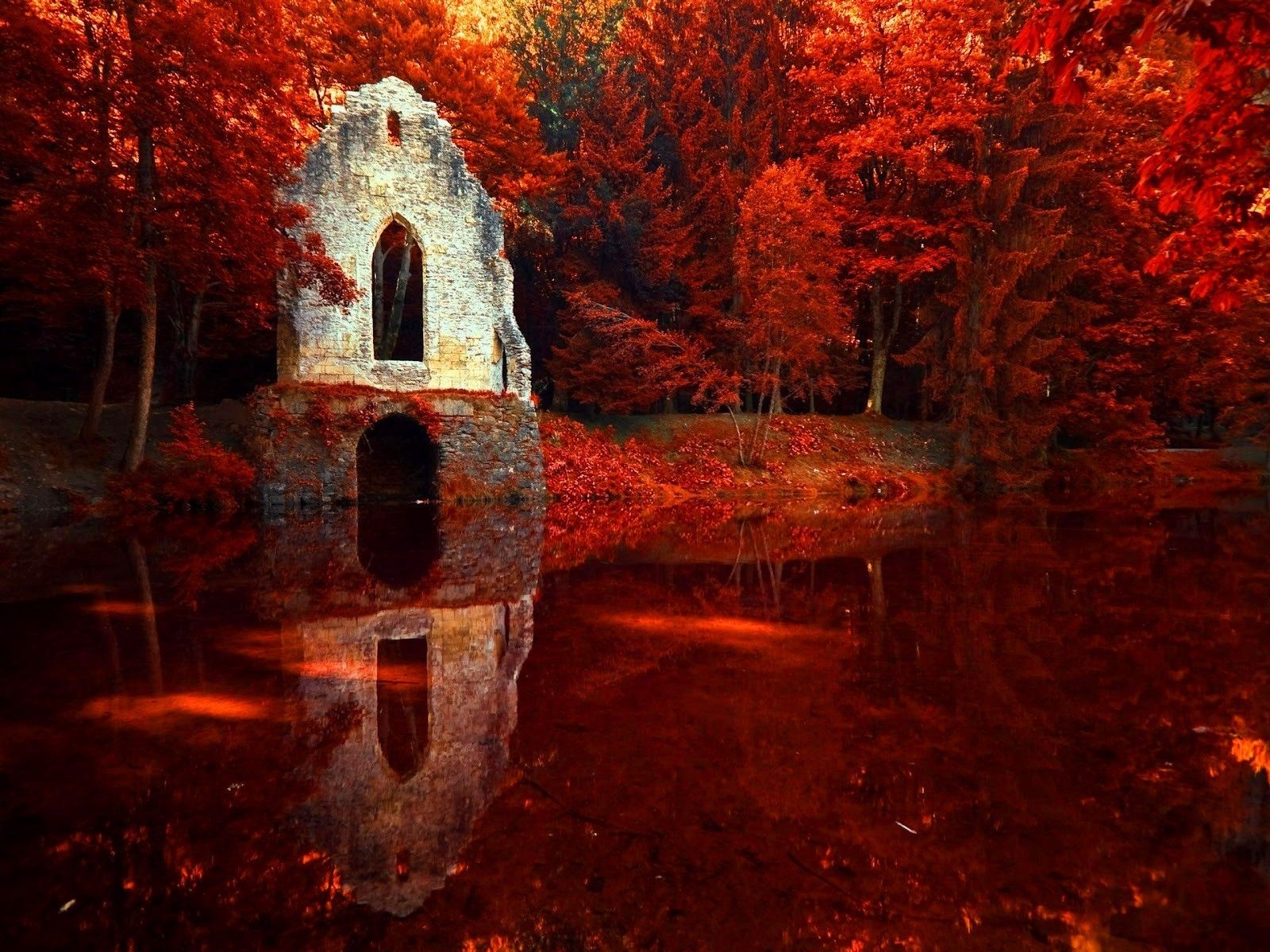 #trees, #reflection, #fall, #ruin, #red, #water, wallpaper. Mocah.org HD Wallpaper