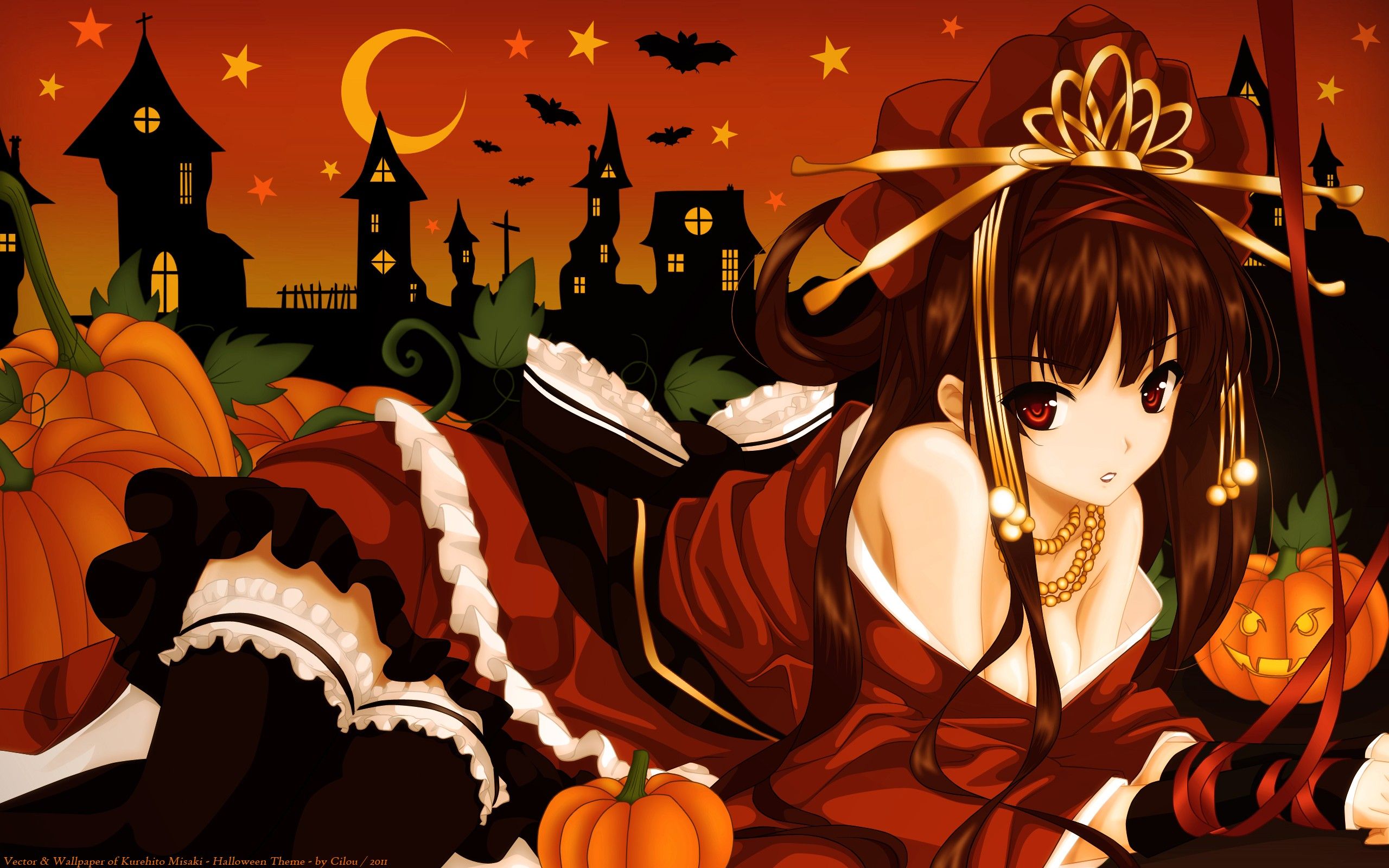 Brunettes dress night halloween red eyes thigh highs anime misaki kurehito anime girls pumpkins wallpaperx1600