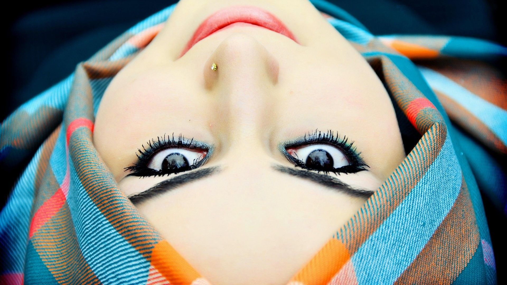 women model smiling face black eyes piercing upside down hijabs Wallpaper HD / Desktop and Mobile Background