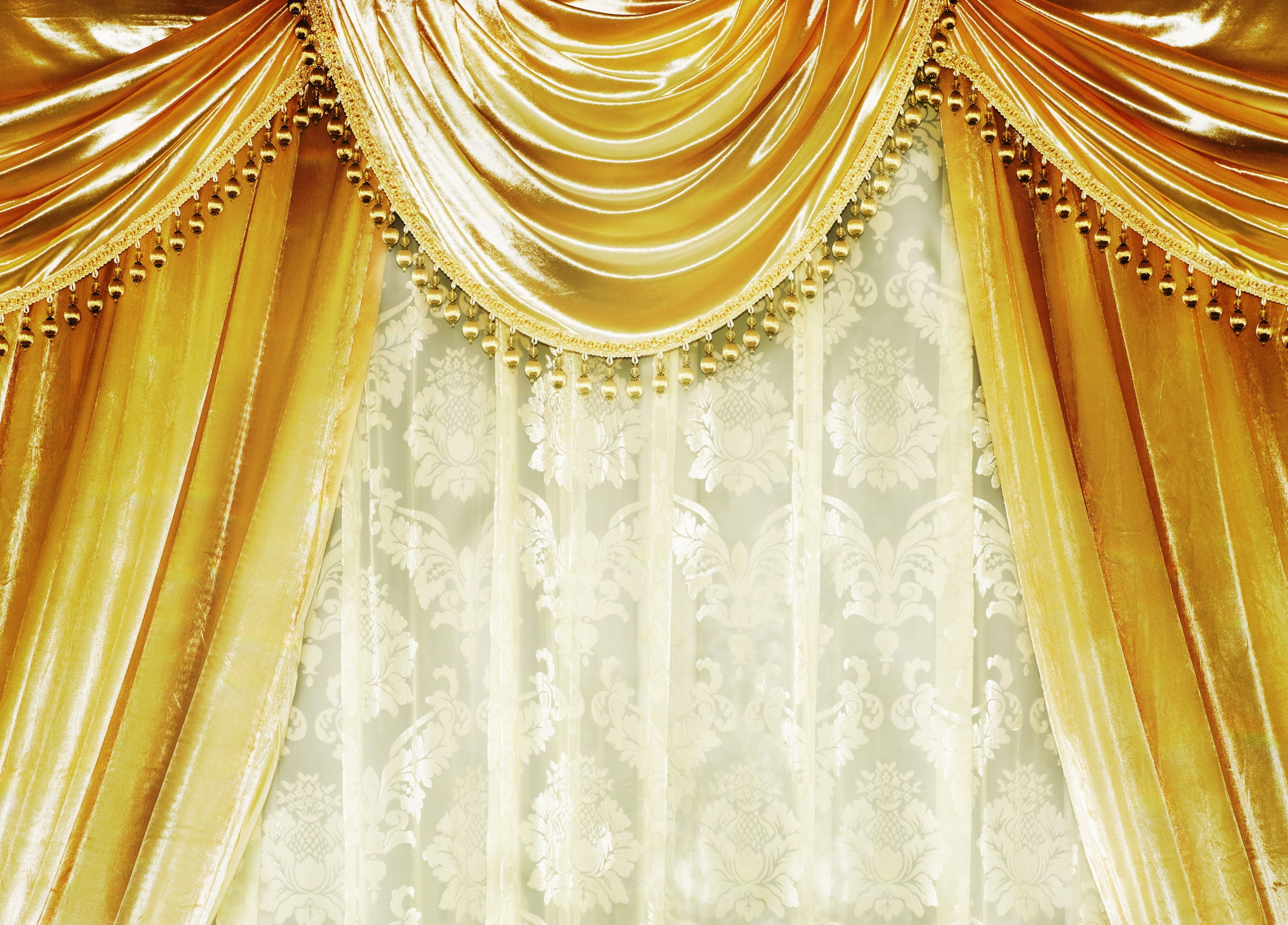 Download wallpaper 3944x2832 curtains, gold, velvet curtains, damask HD background