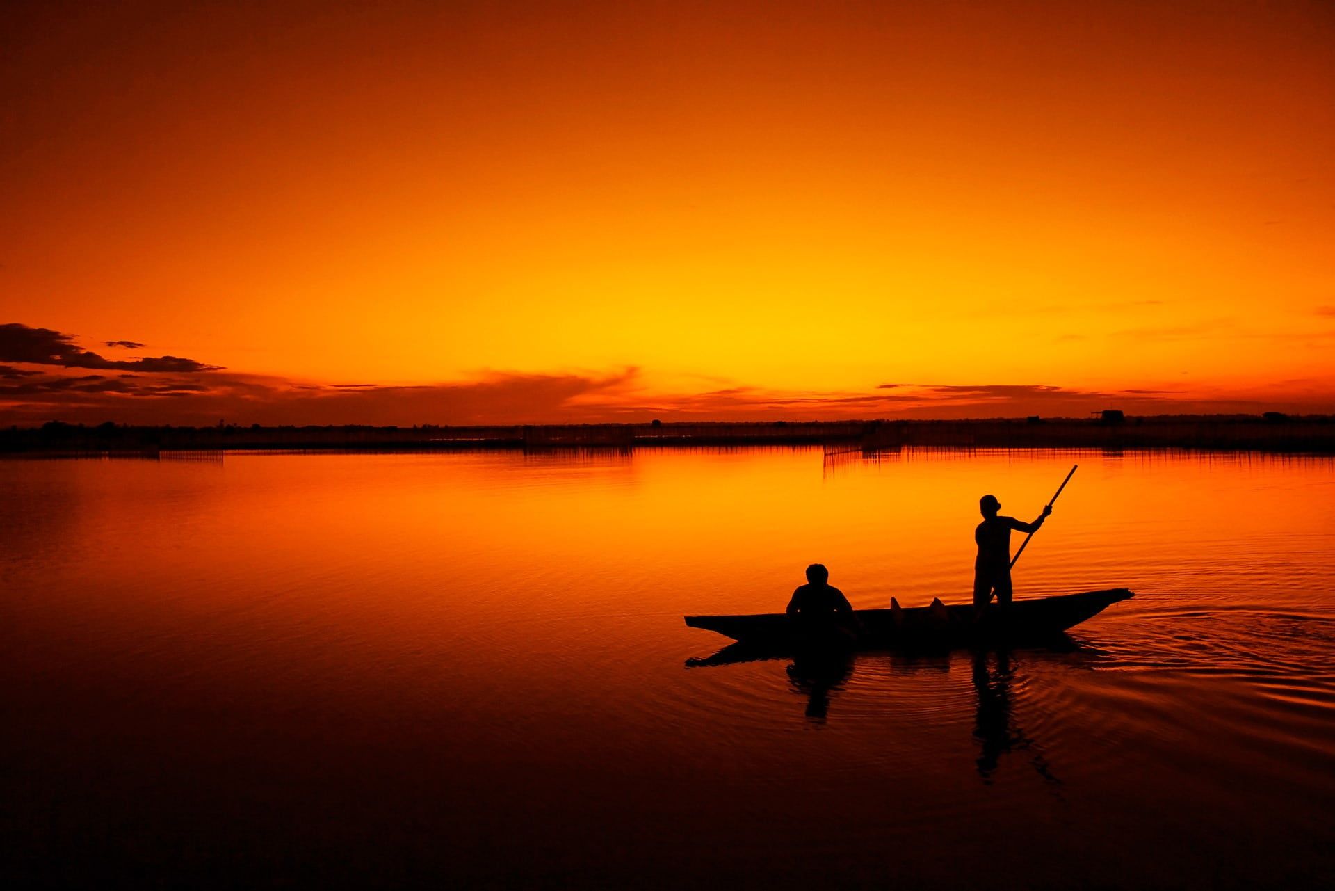 silhouette of two men on canoe during sunset #fishing #boat #fisherman tam giang lagoon #hue #sunset #vietnam bi. Salt water fishing, Fishing trip, Salt and water