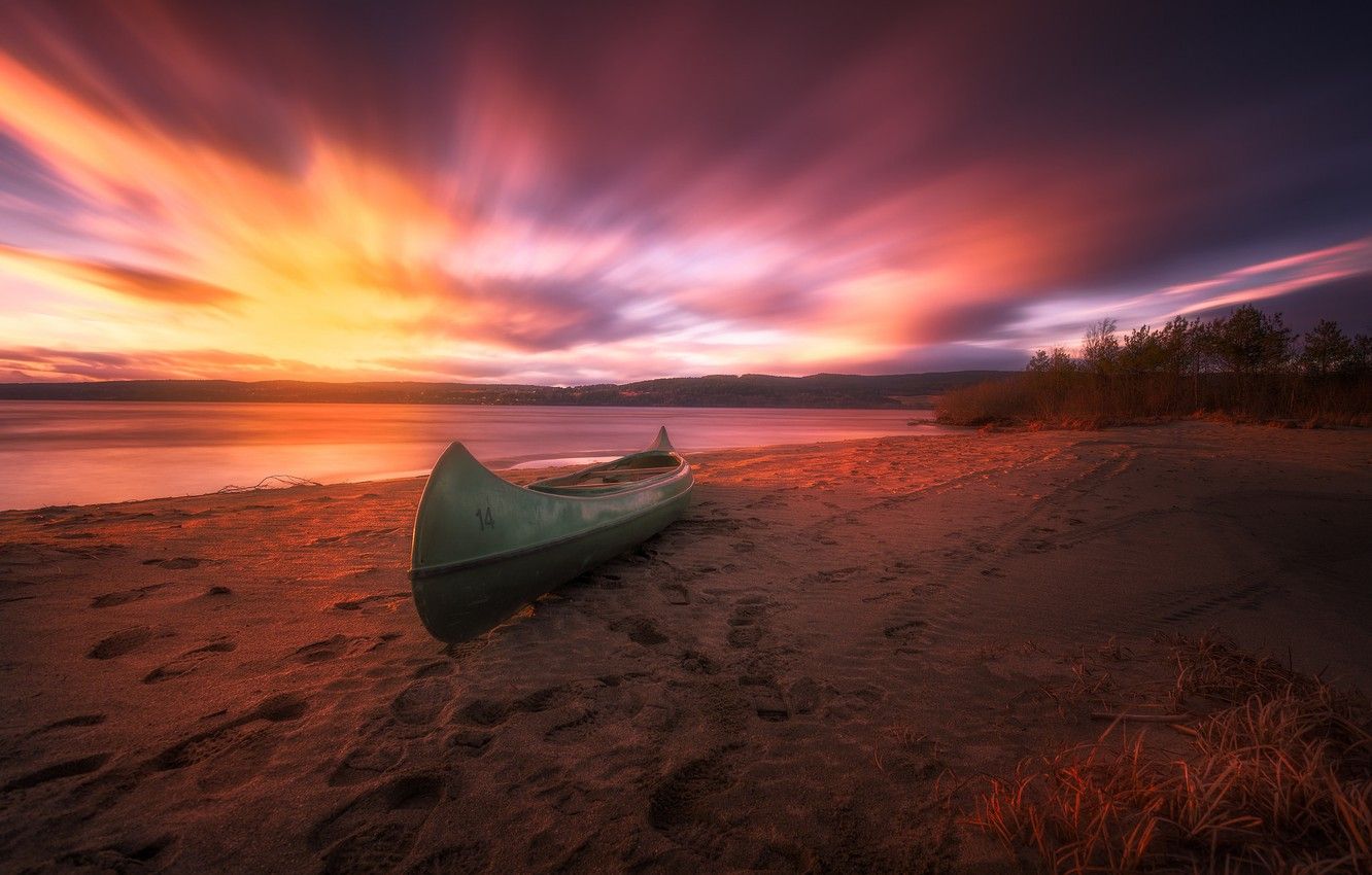 Wallpaper beach, sunset, Norway, canoe image for desktop, section пейзажи
