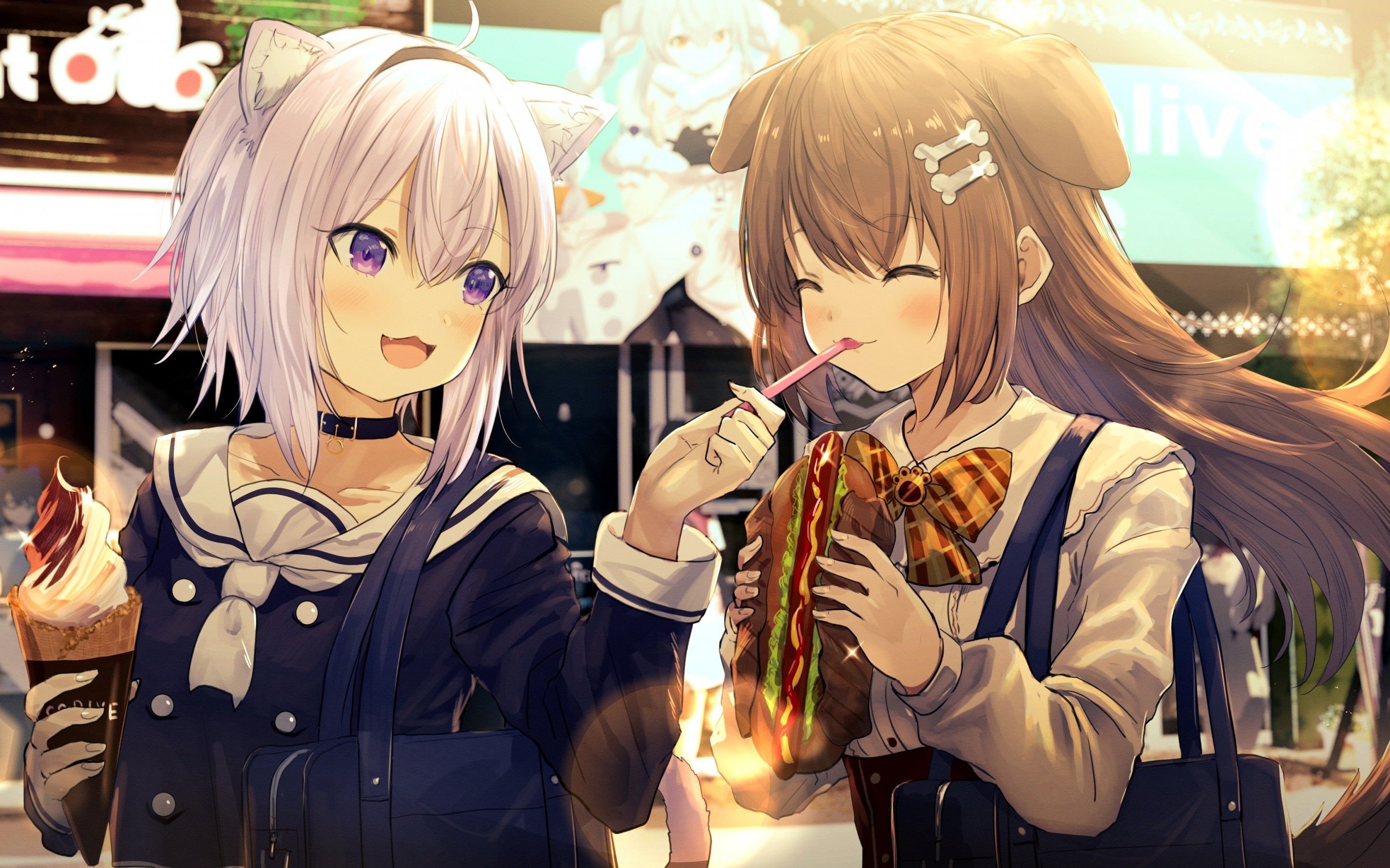 Download 2880x1800 Nekomata Okayu, Inugami Korone, Hololive, Friends, Eating, Walking Wallpaper for MacBook Pro 15 inch