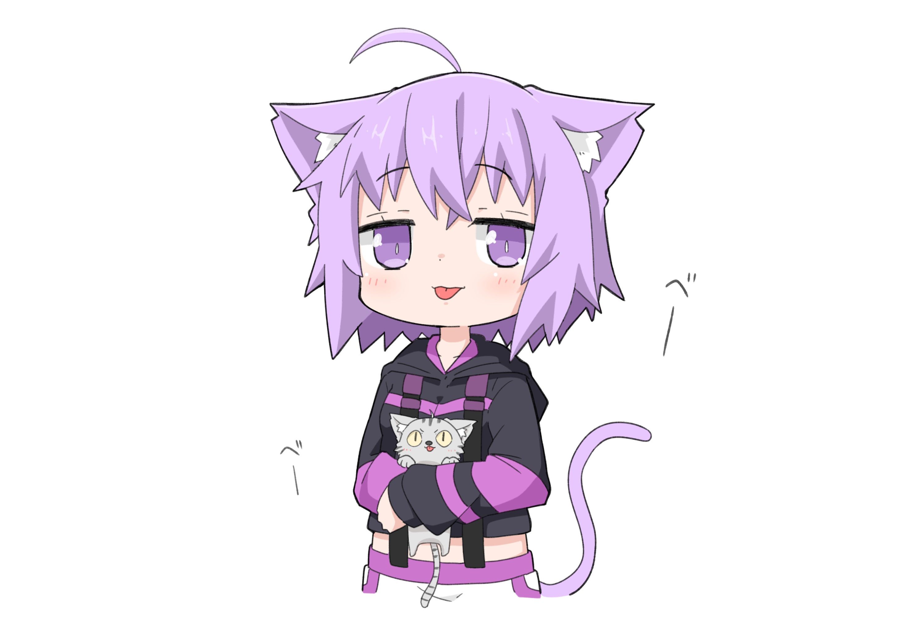 animal animal ears cat catgirl chibi hololive hoodie kinka nekomata okayu purple eyes purple hair short hair tail white. konachan.com.com Anime Wallpaper