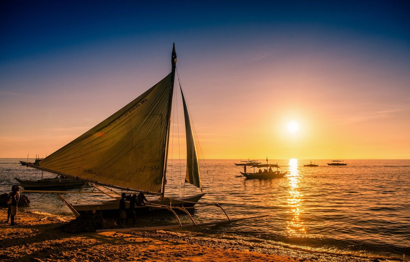 Wallpaper sea, sunset, boats, Philippines, Philippines, Boracay, Boracay, paraw image for desktop, section пейзажи