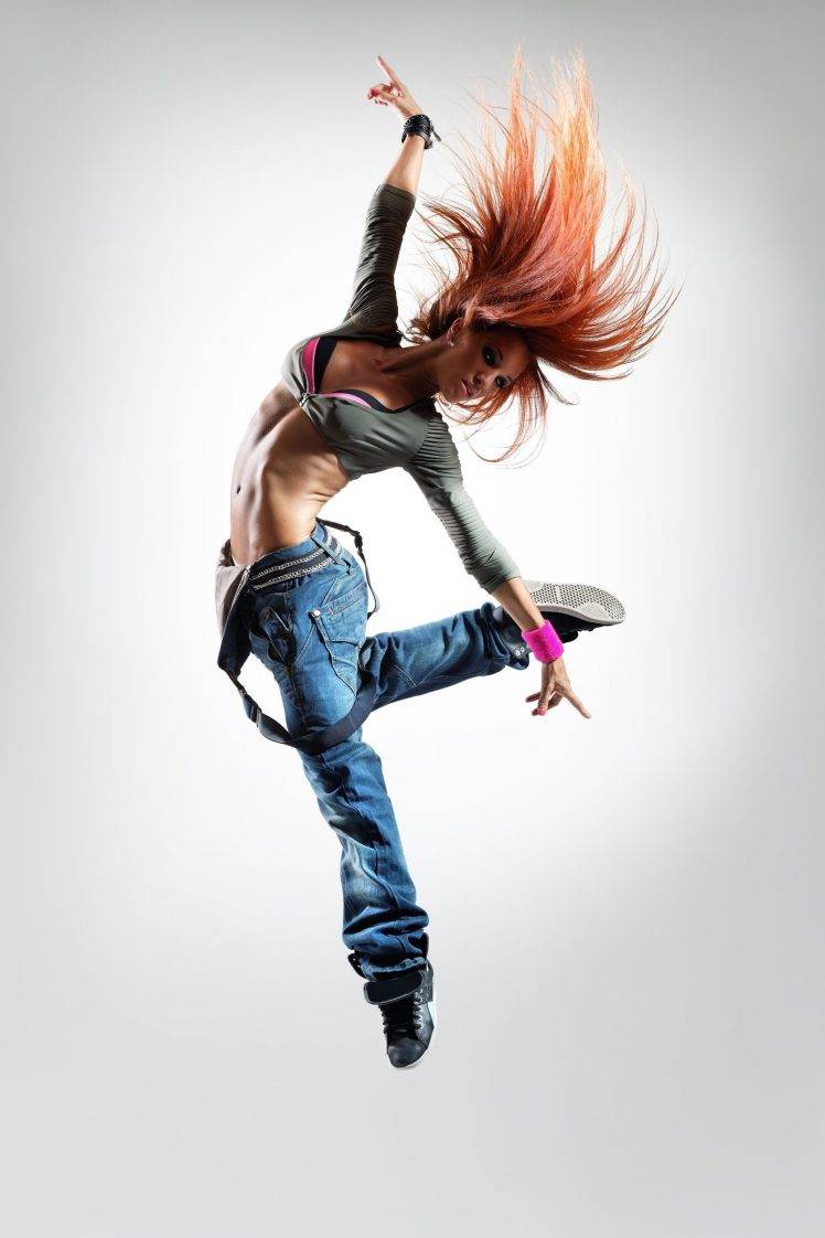 women, Model, Redhead, Long Hair, Flat Belly, Portrait Display, Jeans, Jumping, Dancing, Sneakers, Simple Background Wallpaper HD / Desktop and Mobile Background