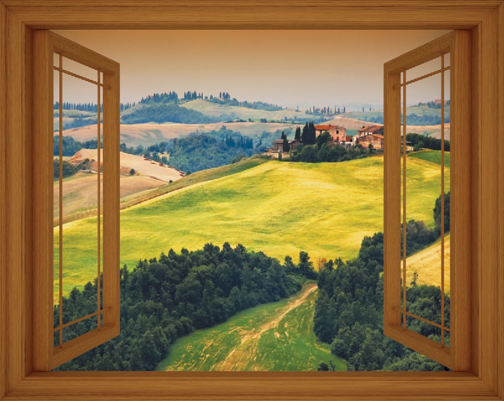 Wallpaper mural window view of fields in Tuscany
