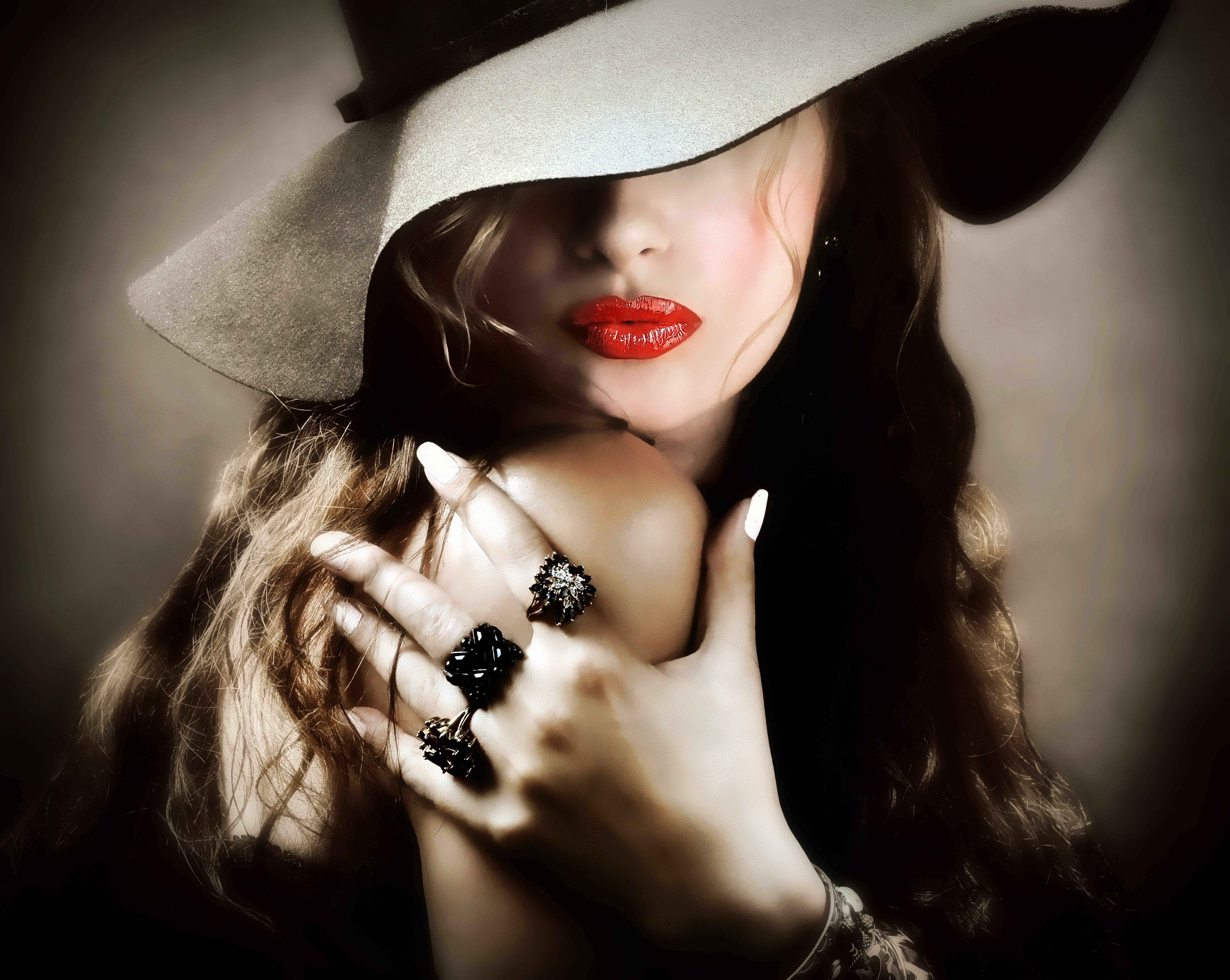 Girl lipstick red lips hat hand ring wallpaperx5696