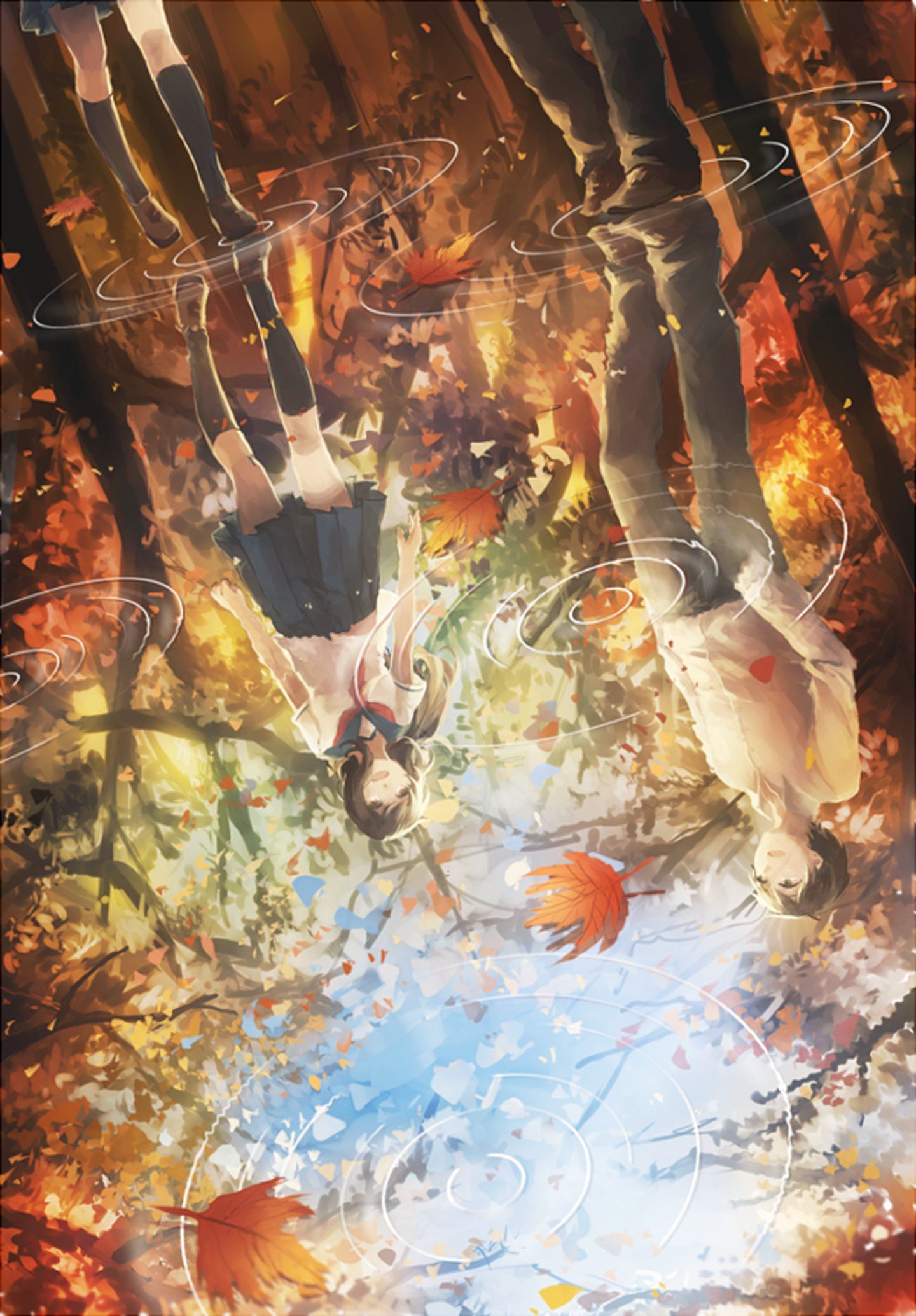 Leaves water rain couple anime girl guy autumn wallpaperx2069