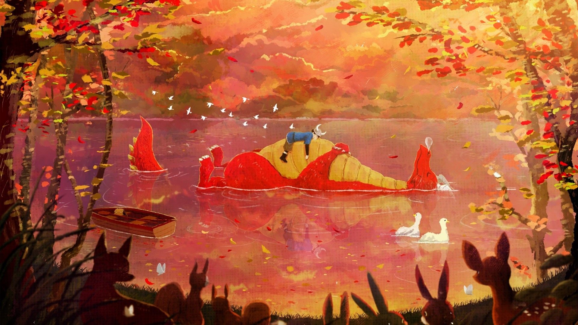 Download 1920x1080 Anime Landscape, Dragon, Fantasy Creature, Autumn, Lake, Anime Boy Wallpaper for Widescreen