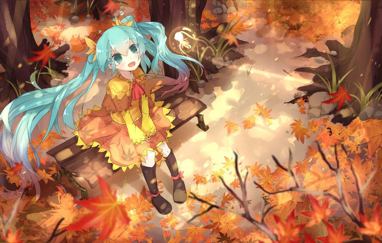 Wallpaper autumn, leaves, girl, joy, magic, anime, art, vocaloid, hatsune miku, you image for desktop, section арт