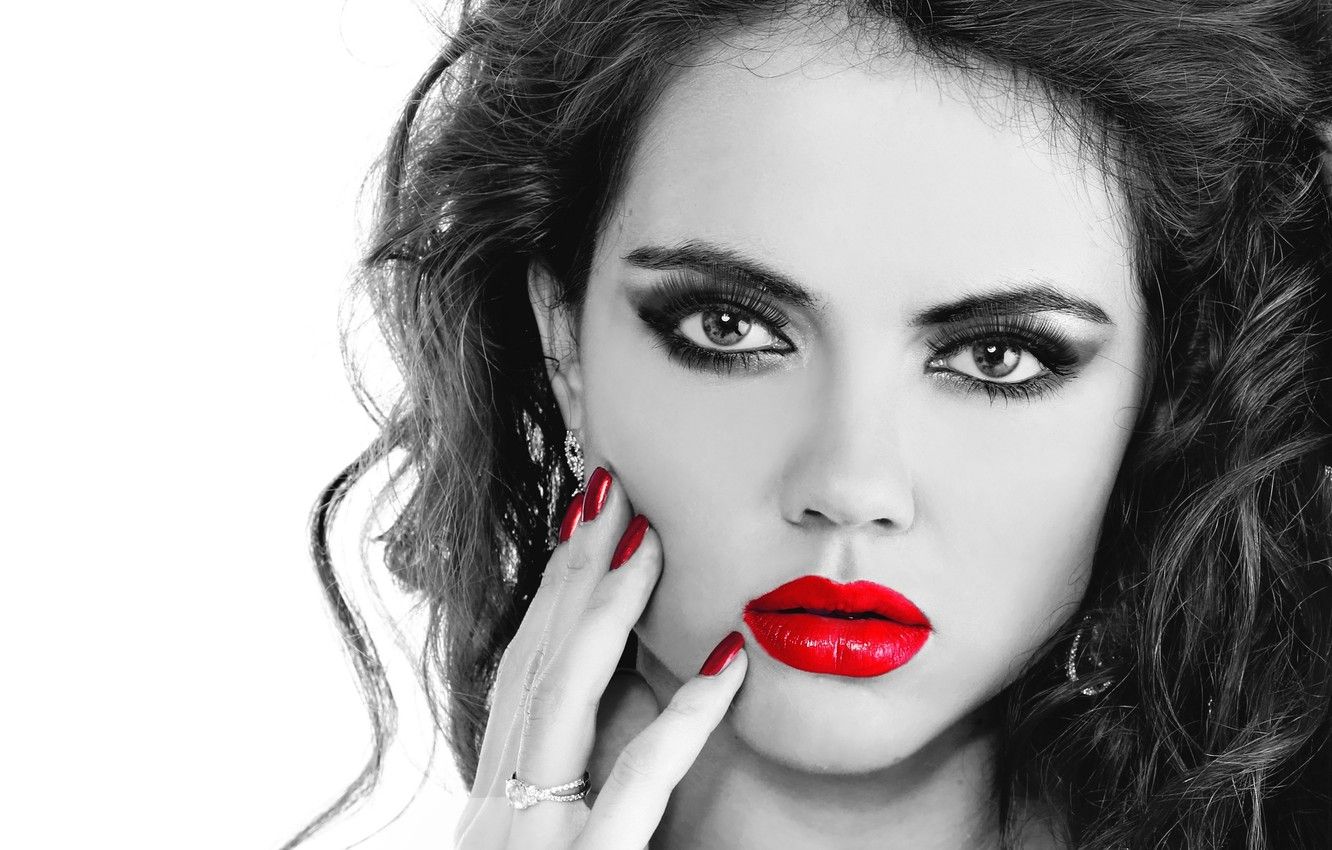 Wallpaper eyes, look, girl, eyelashes, background, hair, hand, makeup, red nails, red lips, the Manticore image for desktop, section девушки