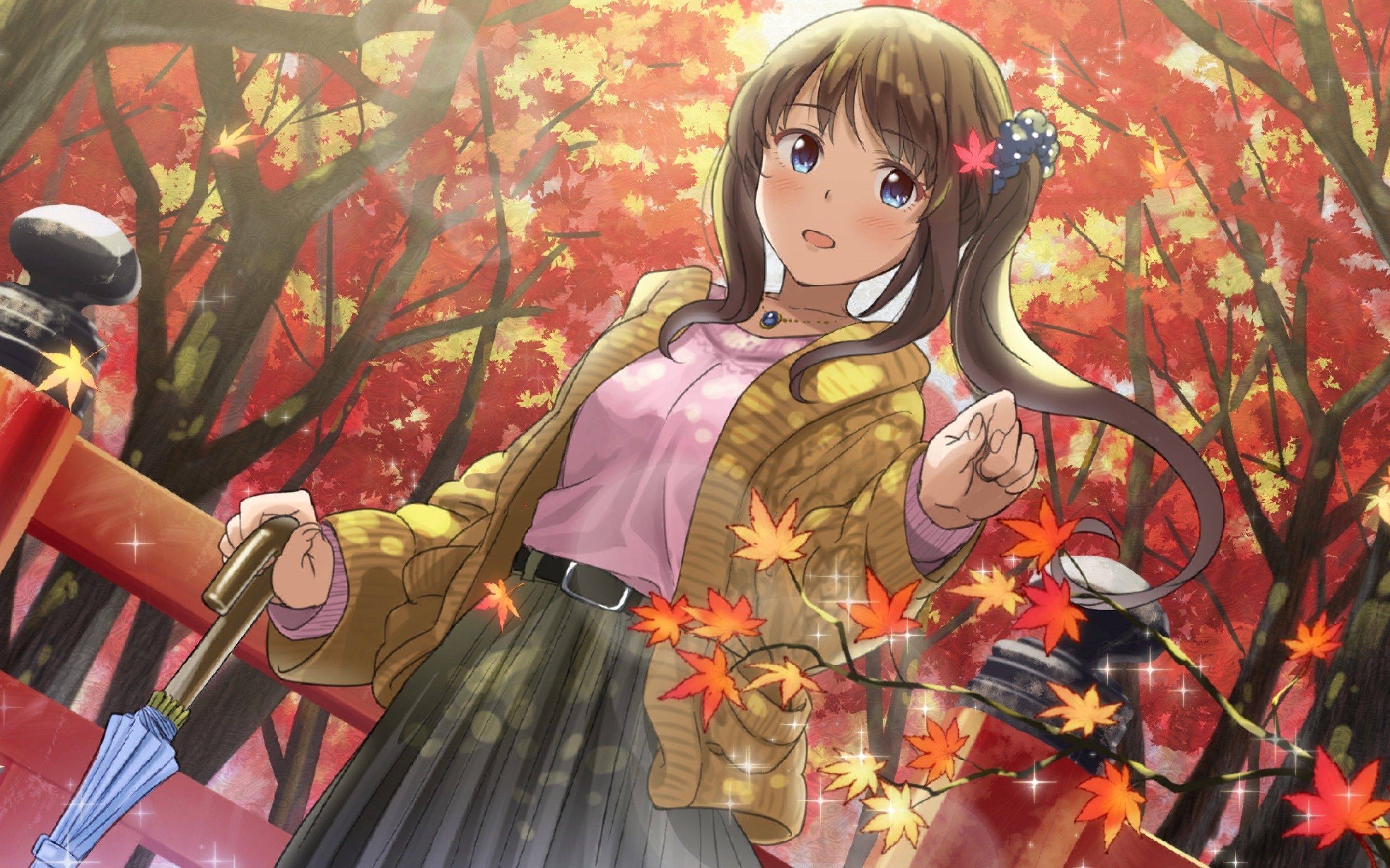 Download 2880x1800 Autumn, Anime Girl, Brown Hair, Umbrella, Trees Wallpaper for MacBook Pro 15 inch