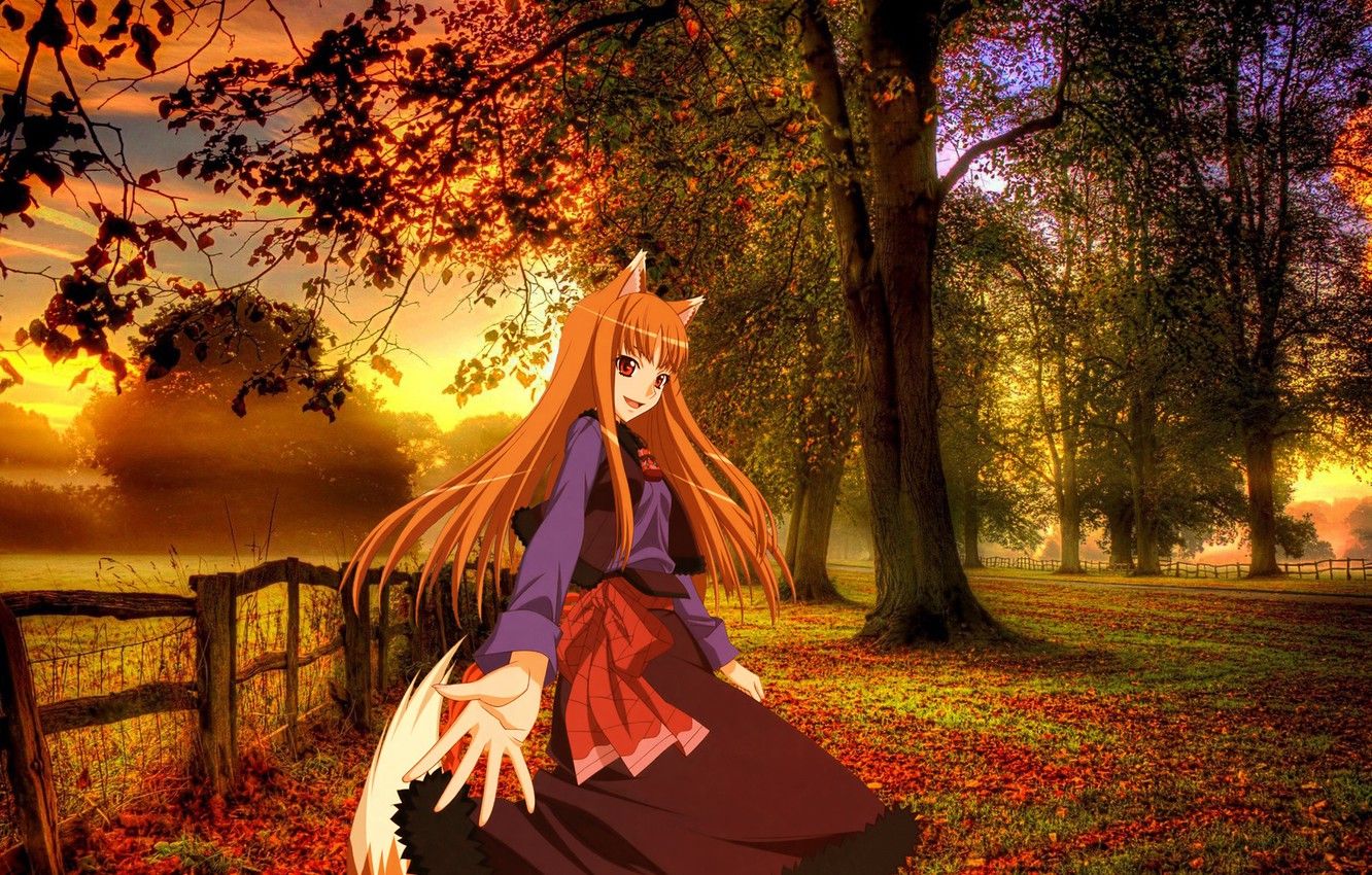 Wallpaper Girl, Autumn, Background, Anime, Landscape, Photohop, Cutie image for desktop, section прочее