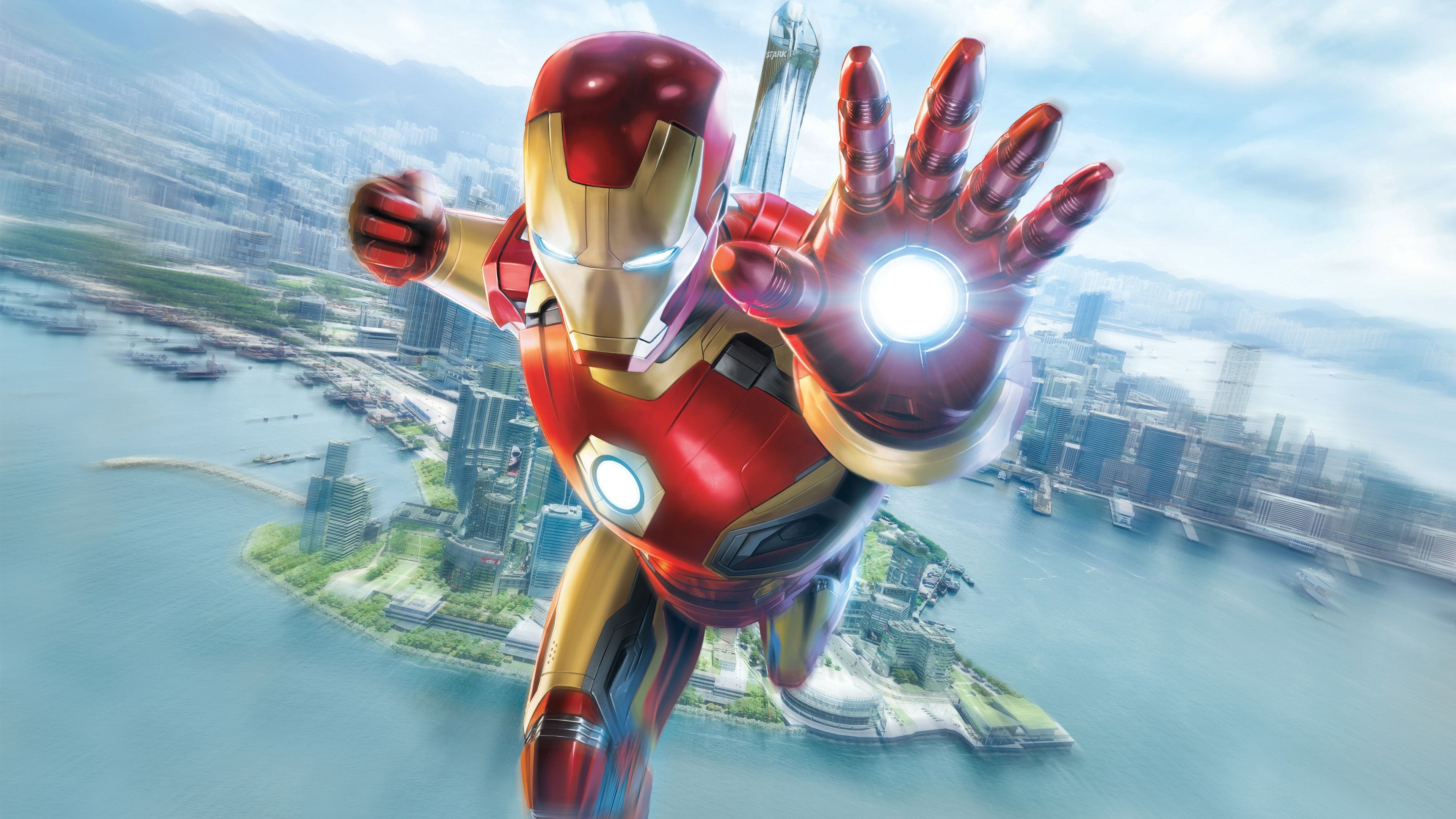 Wallpaper Iron Man, flight, hand, city