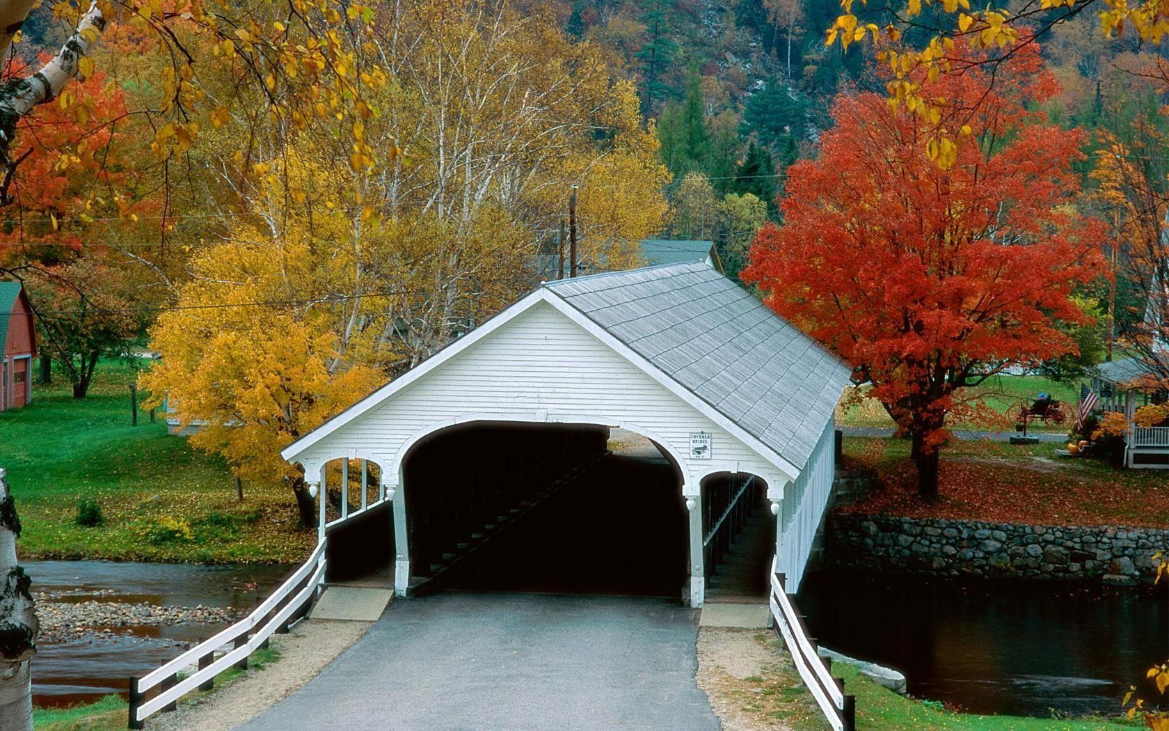 Autumn bridges villages New Hampshire wallpaperx1050