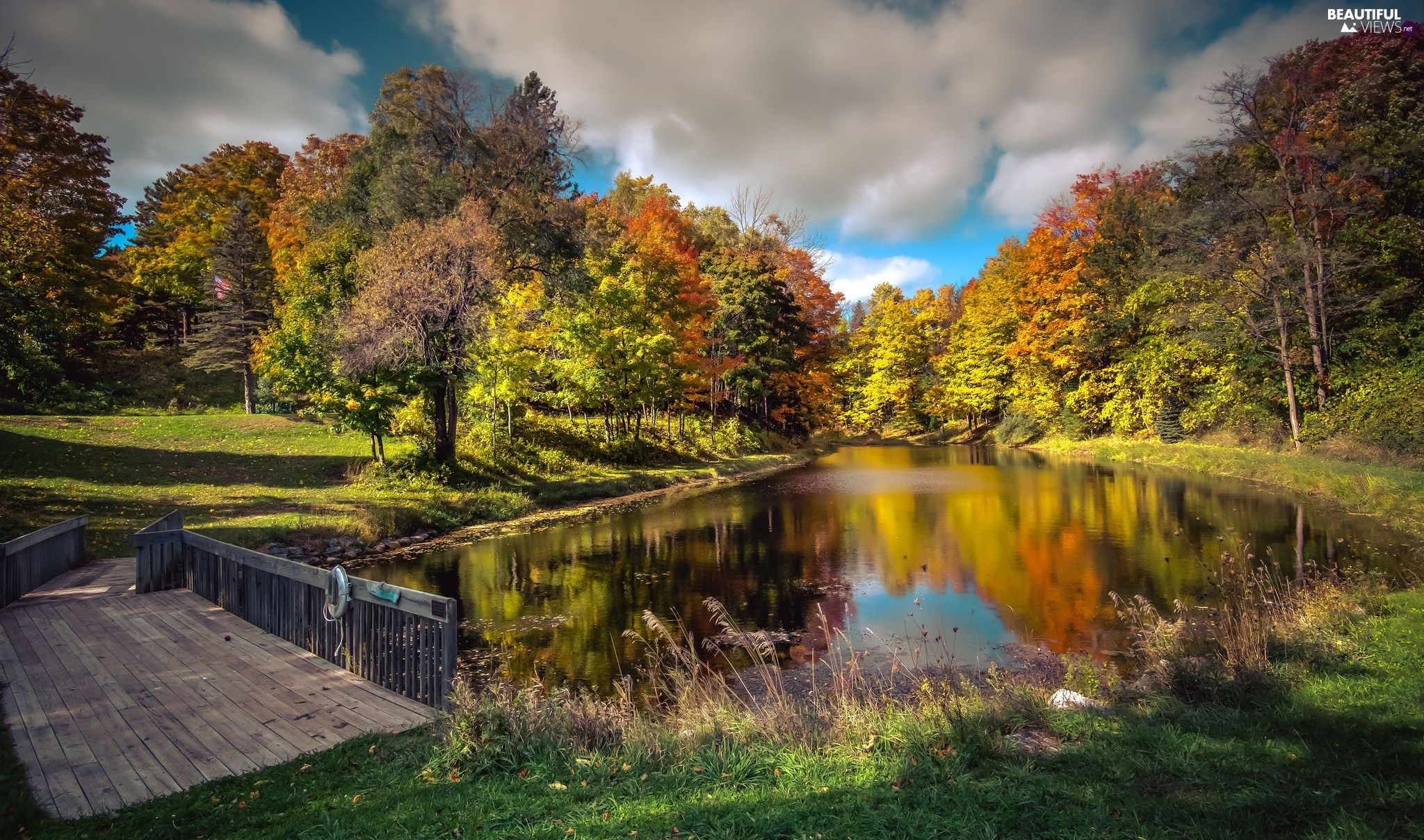 viewes, autumn, bridges, trees, Pond views wallpaper: 2048x1208
