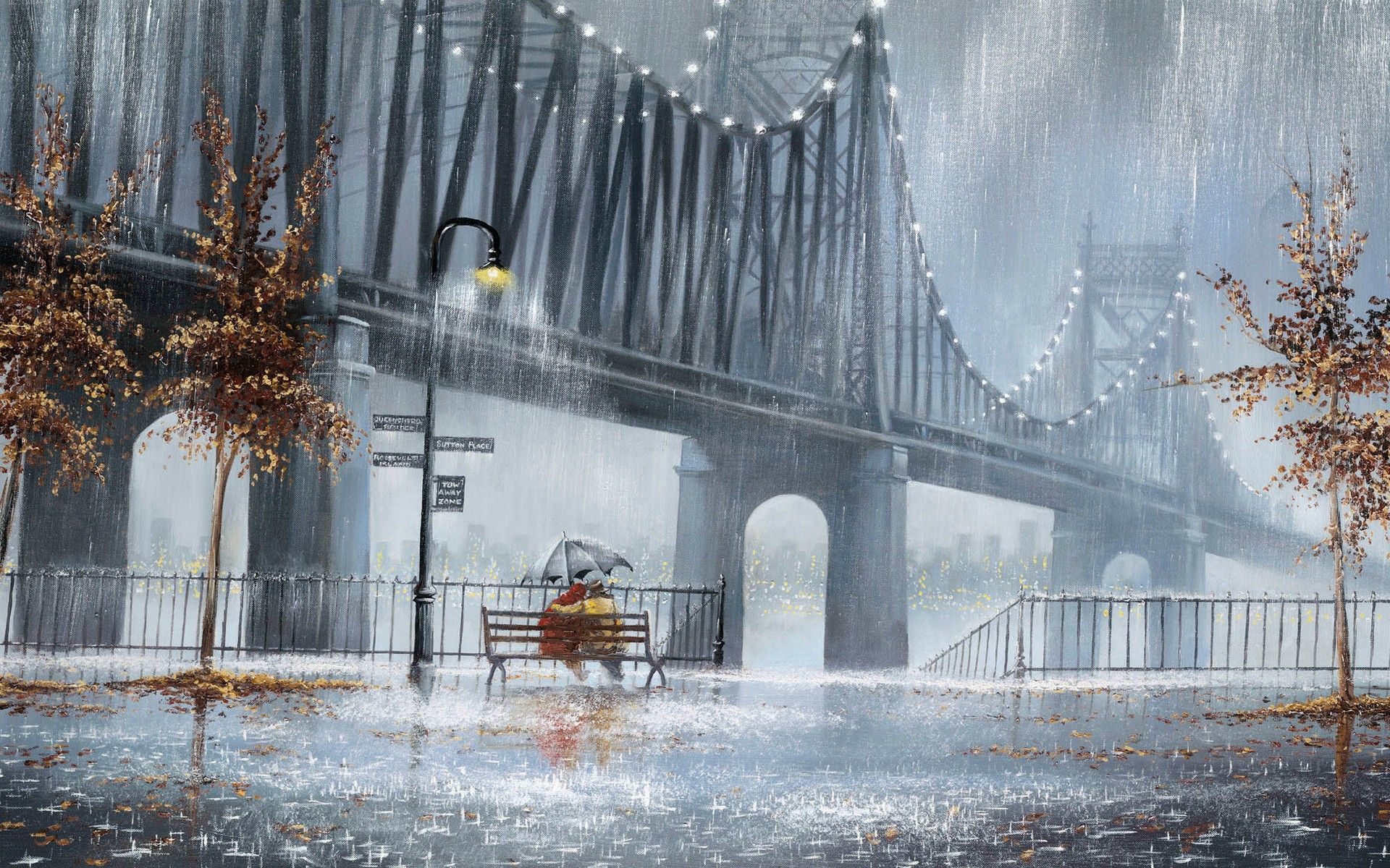 Fall, Bridges, Paintings, Autumn, jeffrowland, Seasons, People, Art, Rain, Beautiful, Scenic, iPhone Xr, Storm Windows, Rowland, Wet, Artisti
