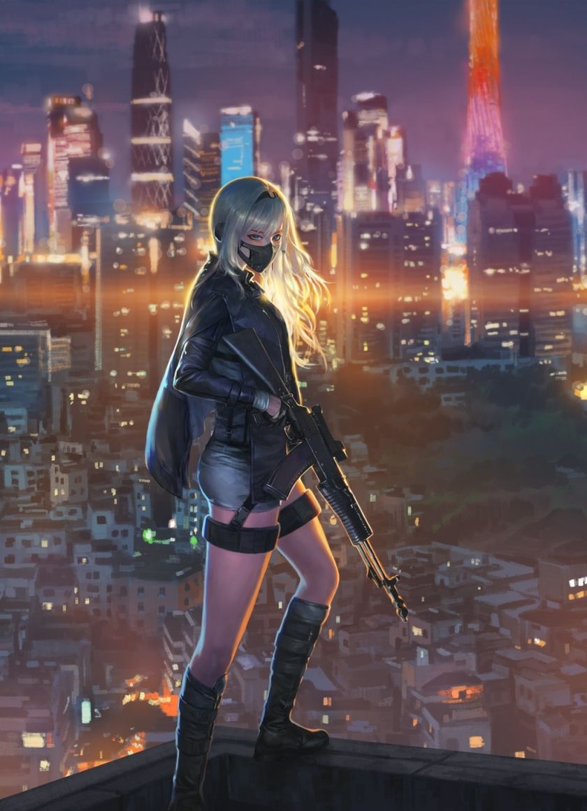 Download 840x1160 wallpaper sniper girl, cityscape, anime girl, art, iphone iphone 4s, ipod touch, 840x1160 HD image, background, 19430