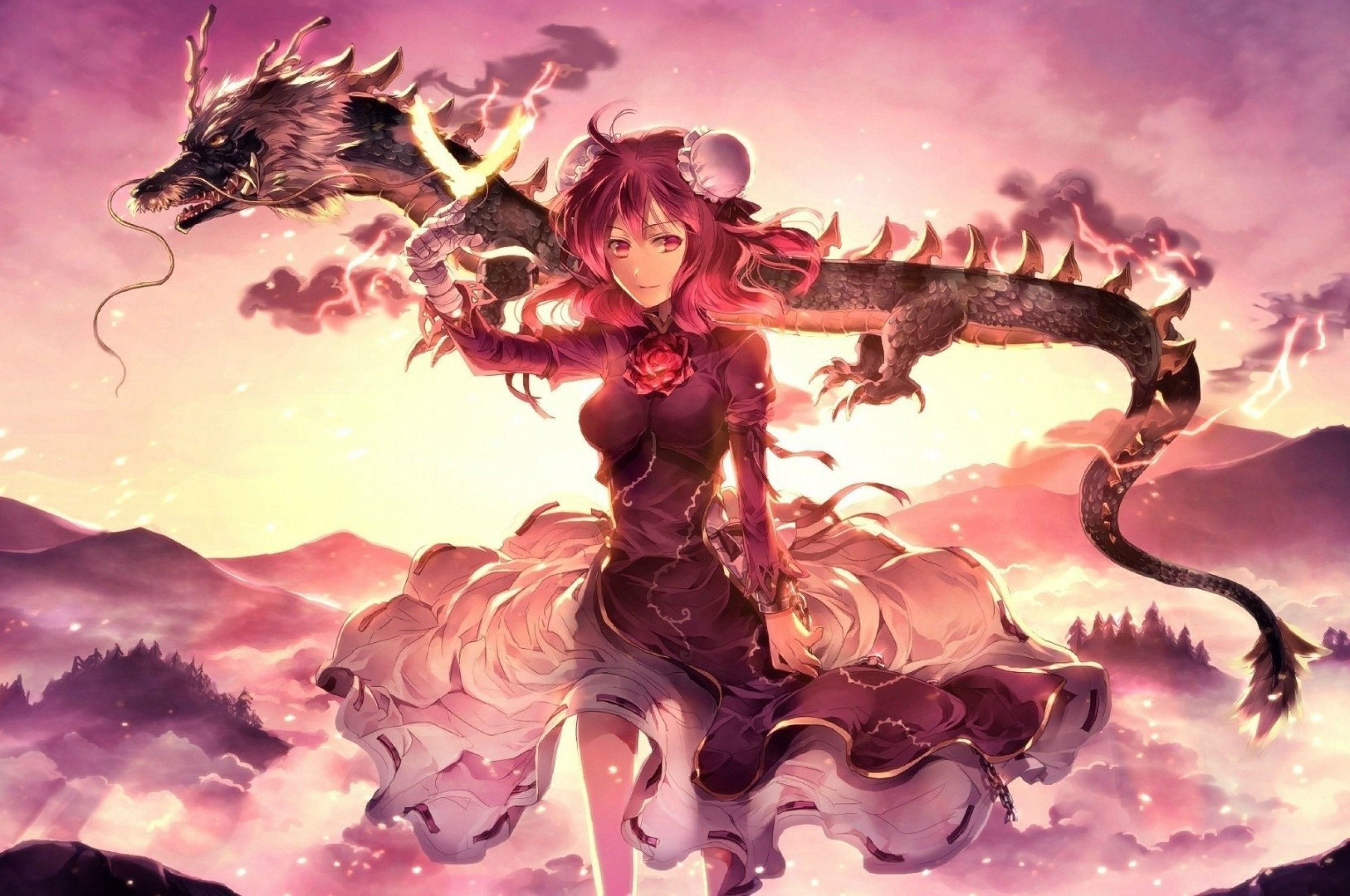 Download 2560x1700 Anime Girl, Chinese Dragon, Dress, Sunset, Bandage Wallpapers for Chromebook Pixel