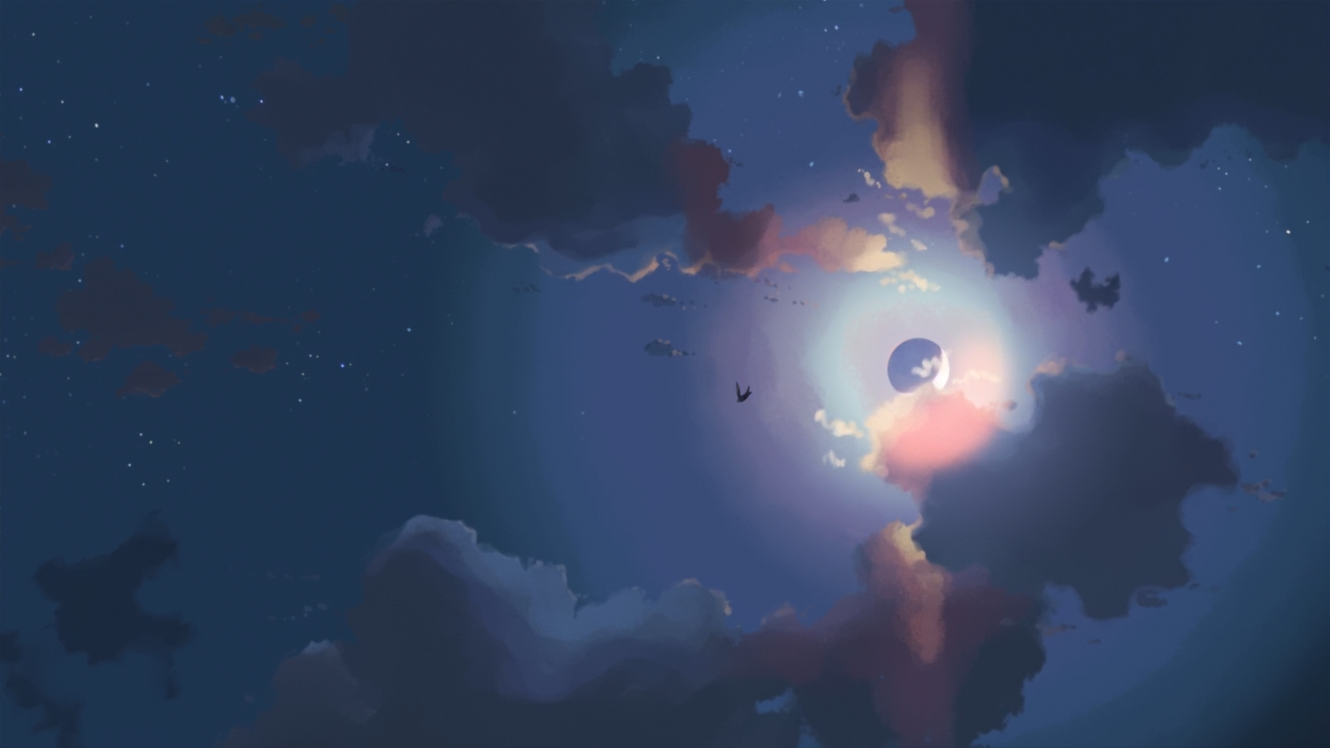clouds, birds, Moon, anime, drawn, skyscapes Wallpaper / WallpaperJam.com