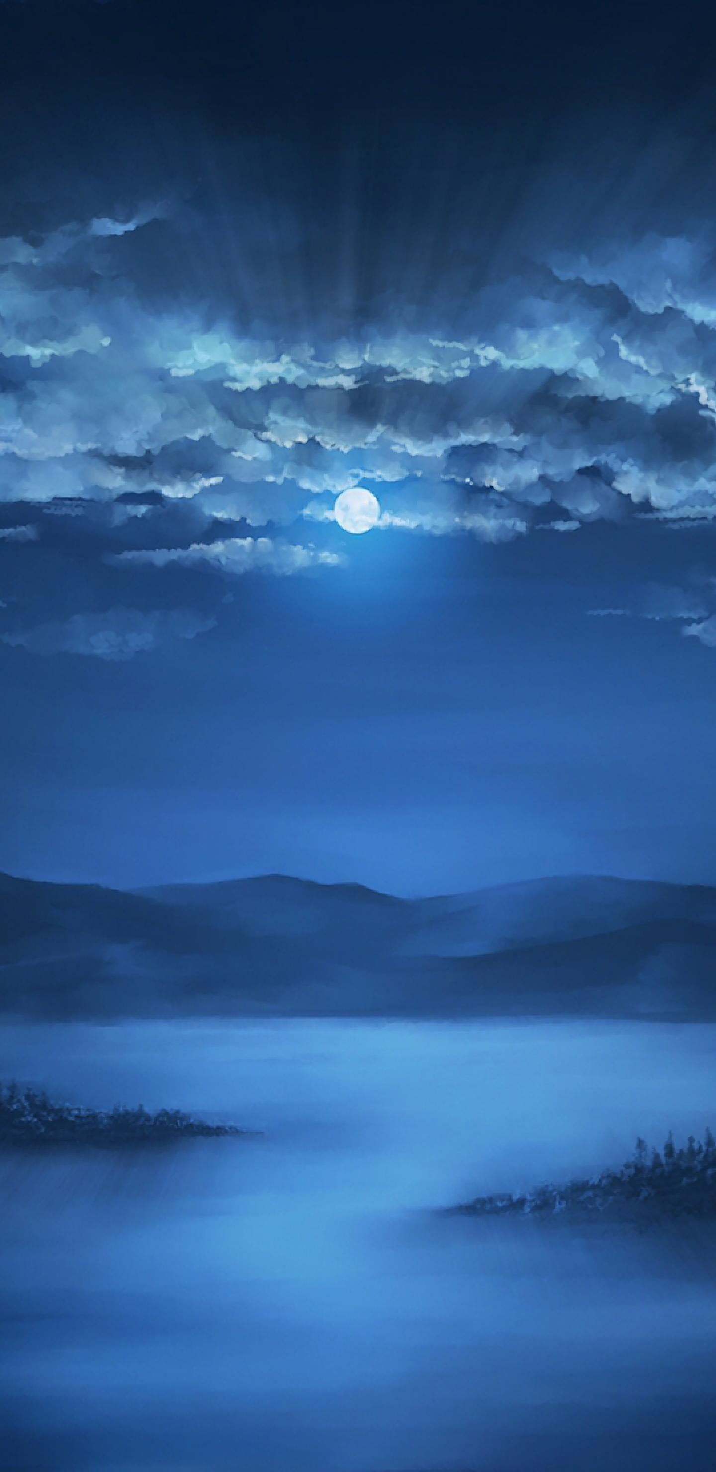 Download 1440x2960 Anime Landscape, Night, Moon, Clouds, Sky, Lake, Artwork Wallpaper for Samsung Galaxy S Note S S8+, Google Pixel 3 XL