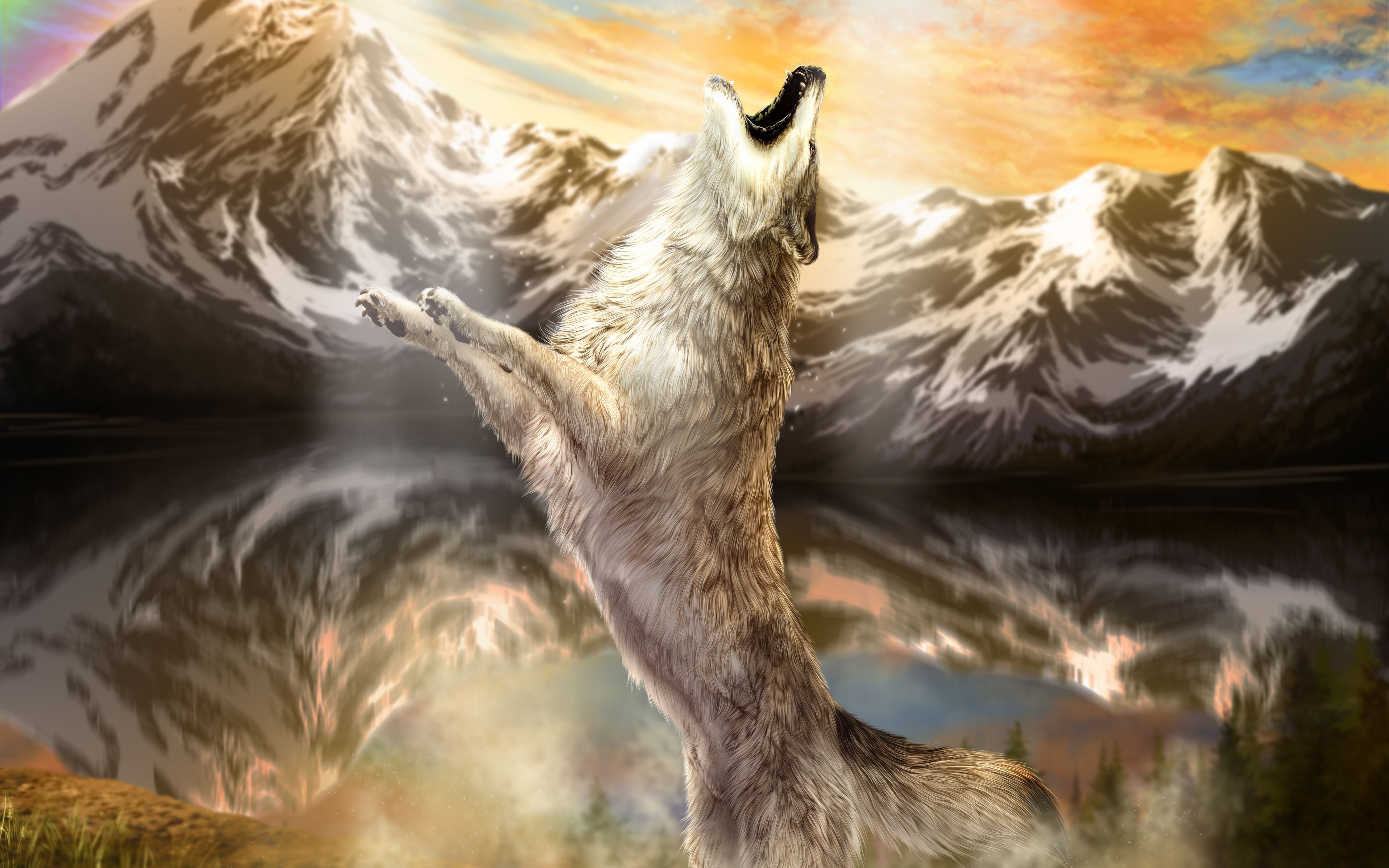 Wolves Mountains Painting Art Animals wolf wallpaperx2813