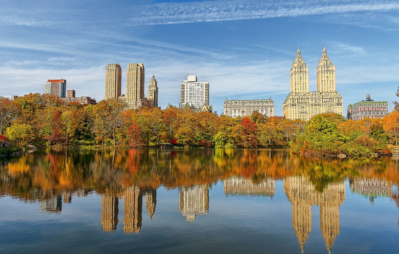 Wallpaper autumn, the sky, water, trees, home, New York, USA, Central Park image for desktop, section город