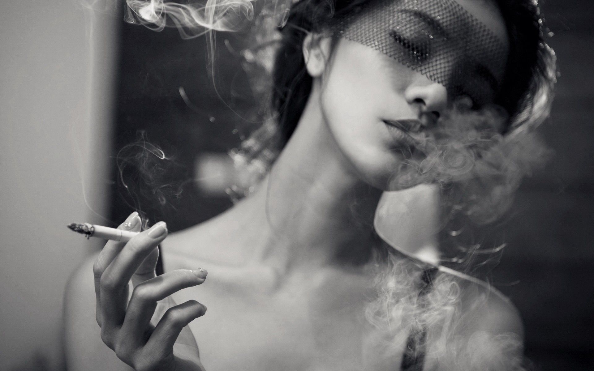 brunettes, women, smoking, smoke, asians, monochrome, cigarettes, veil, girls smoking wallpaper