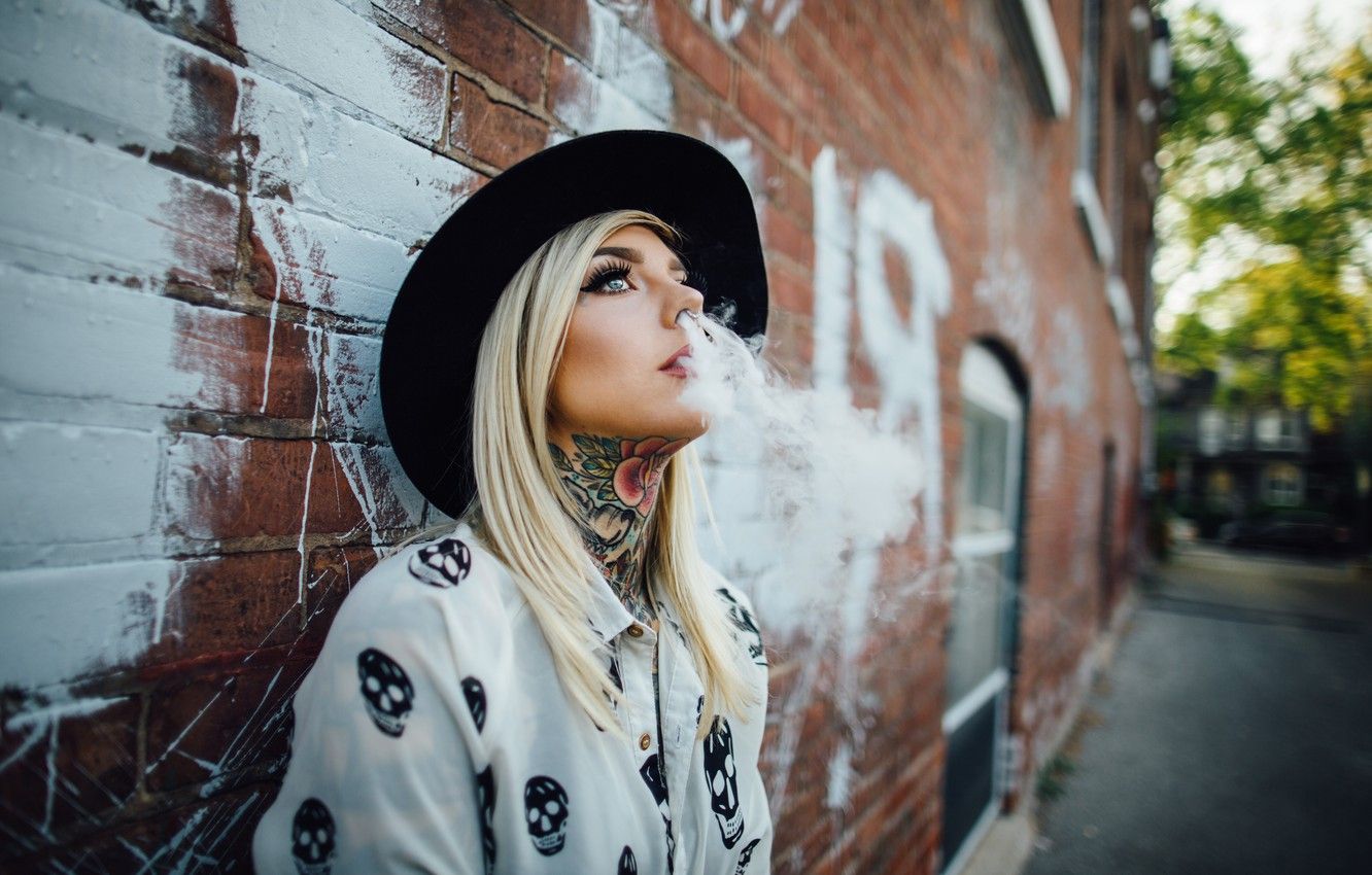 Wallpaper women, Smoke, Blonde, Tattoo, Smoking, Hat, Blue Eyes, Against Wall image for desktop, section девушки