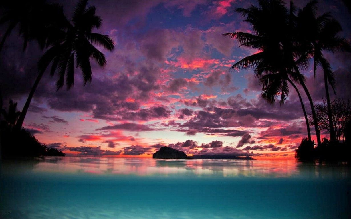 landscape, Nature, Tahiti, Sunset, Palm Trees, Island, Beach, Sea, Tropical, Sky, Clouds, Turquoise, Water Wallpaper HD / Desktop and Mobile Background