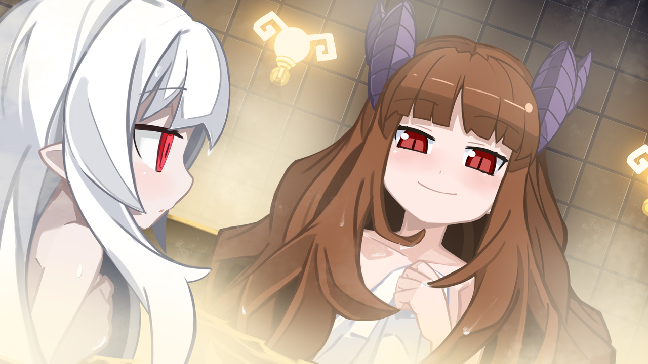 2girls attouteki yuugi mugen souls attouteki yuugi mugen souls z bath bellaria (mugen souls) brown hair close game cg horns long hair nanameda kei onluka red eyes towel water wet white hair